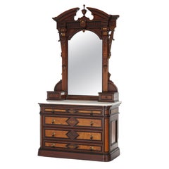 Antique Renaissance Revival Walnut, Burl, Marble & Gilt Mirrored Dresser c1870
