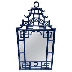 Large Faux Bamboo Pagoda Mirror in Cobalt Blue