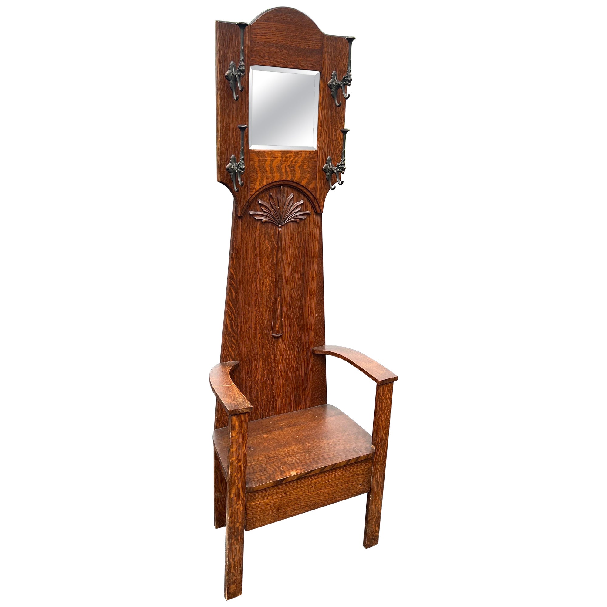 Antique Oak Hall Tree Chair with Mirror