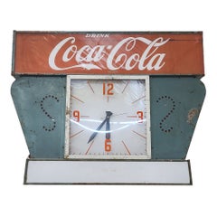 Large 4' Foot Coca-Cola Light Up Steel Marquee Clock, Circa 1960
