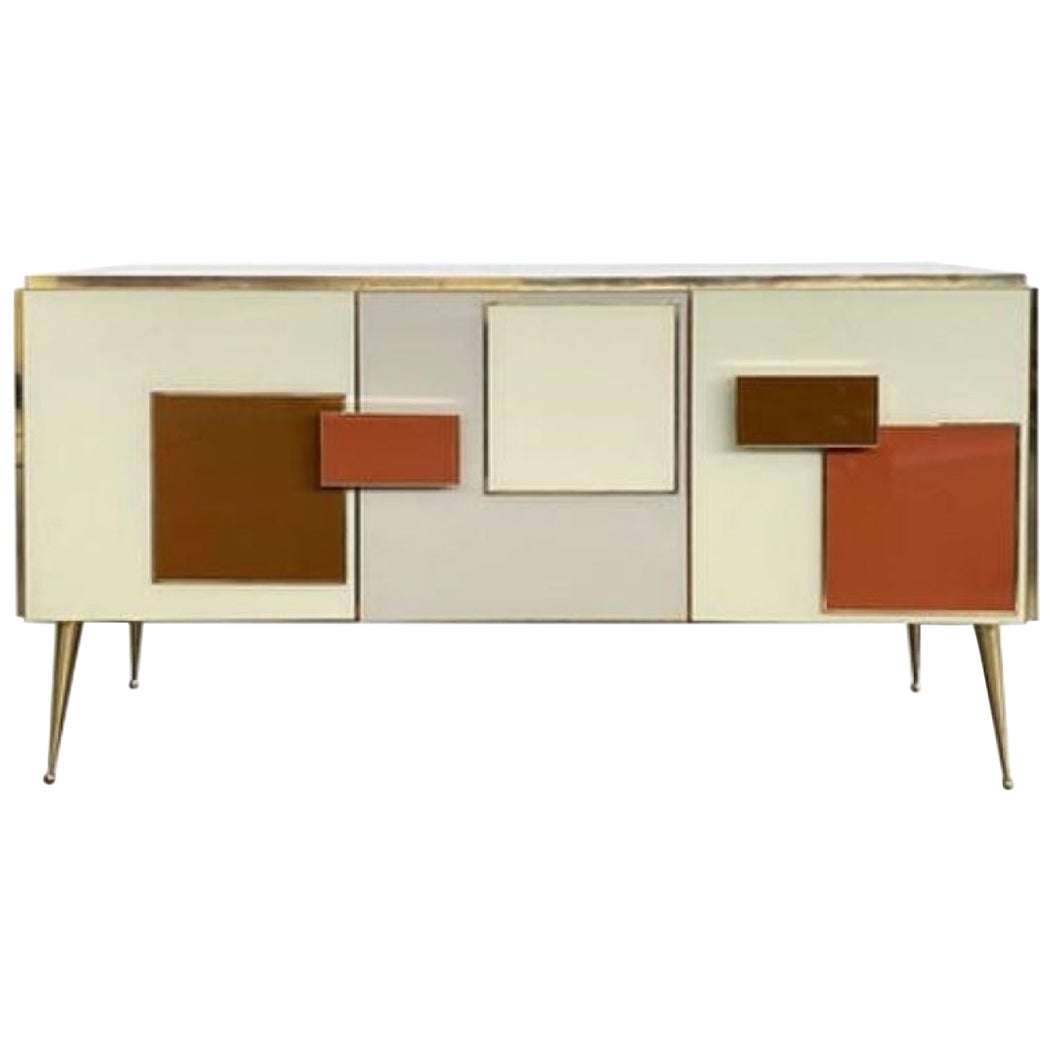 Italian Contemporary Sand and Brown Colou Murano Glass, Brass and Wood Sideboard For Sale