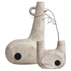Contemporary Sculpted Pair of Ceramic Vases, Bandura Off White Vases by Faina