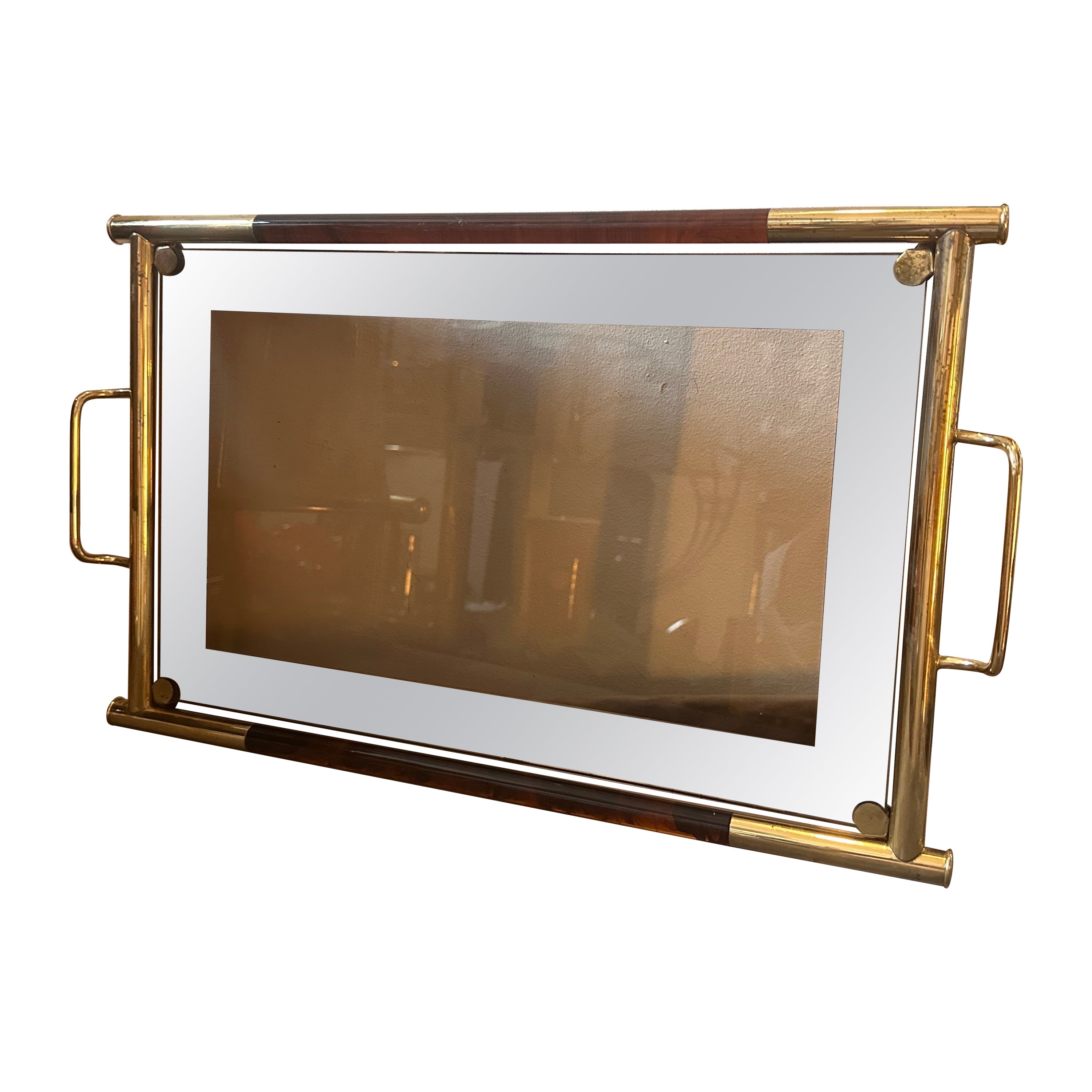 1970s Mid-Century Modern Brass Lucite and Smoked Glass Italian Tray For Sale