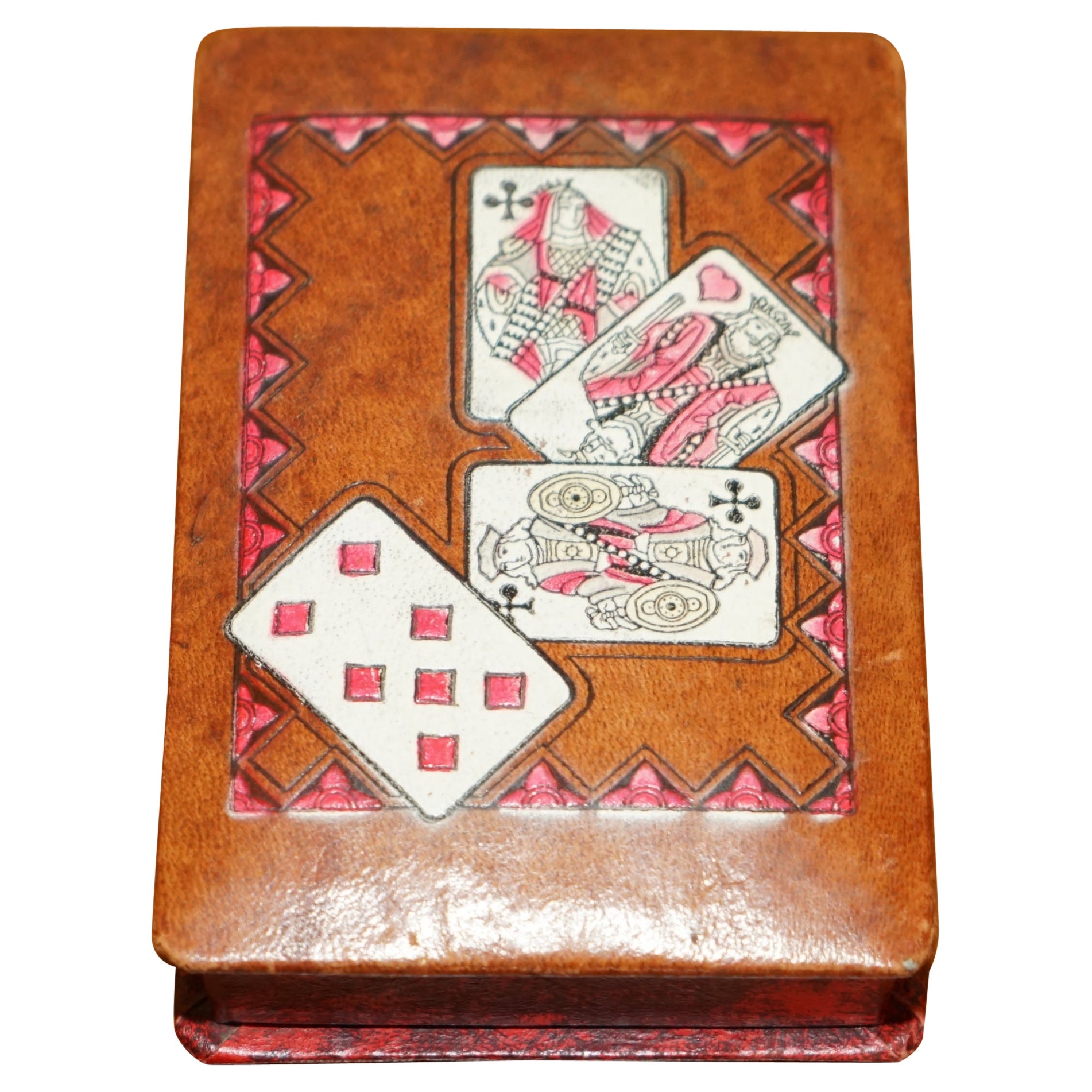 COLLECTABLE ANTiQUE FRENCH NAPOLEON III LEATHER & HAND PAINTED CARD GAMES CASE For Sale