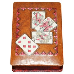 COLLECTABLE ANTiQUE FRENCH NAPOLEON III LEATHER & HAND PAINTED CARD GAMES CASE