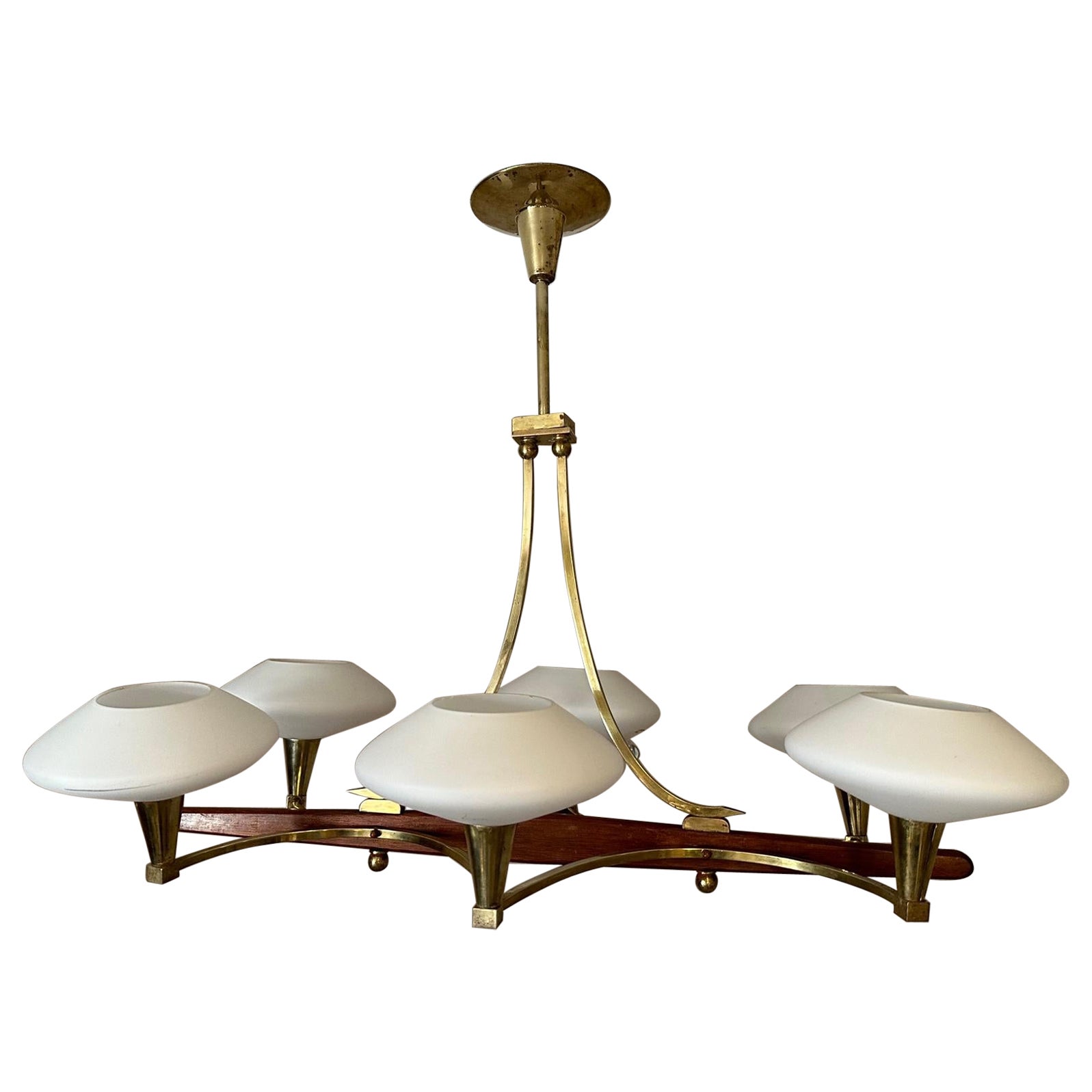 20th century French Brass and 6 Opaline Glass Chandelier, 1960s For Sale