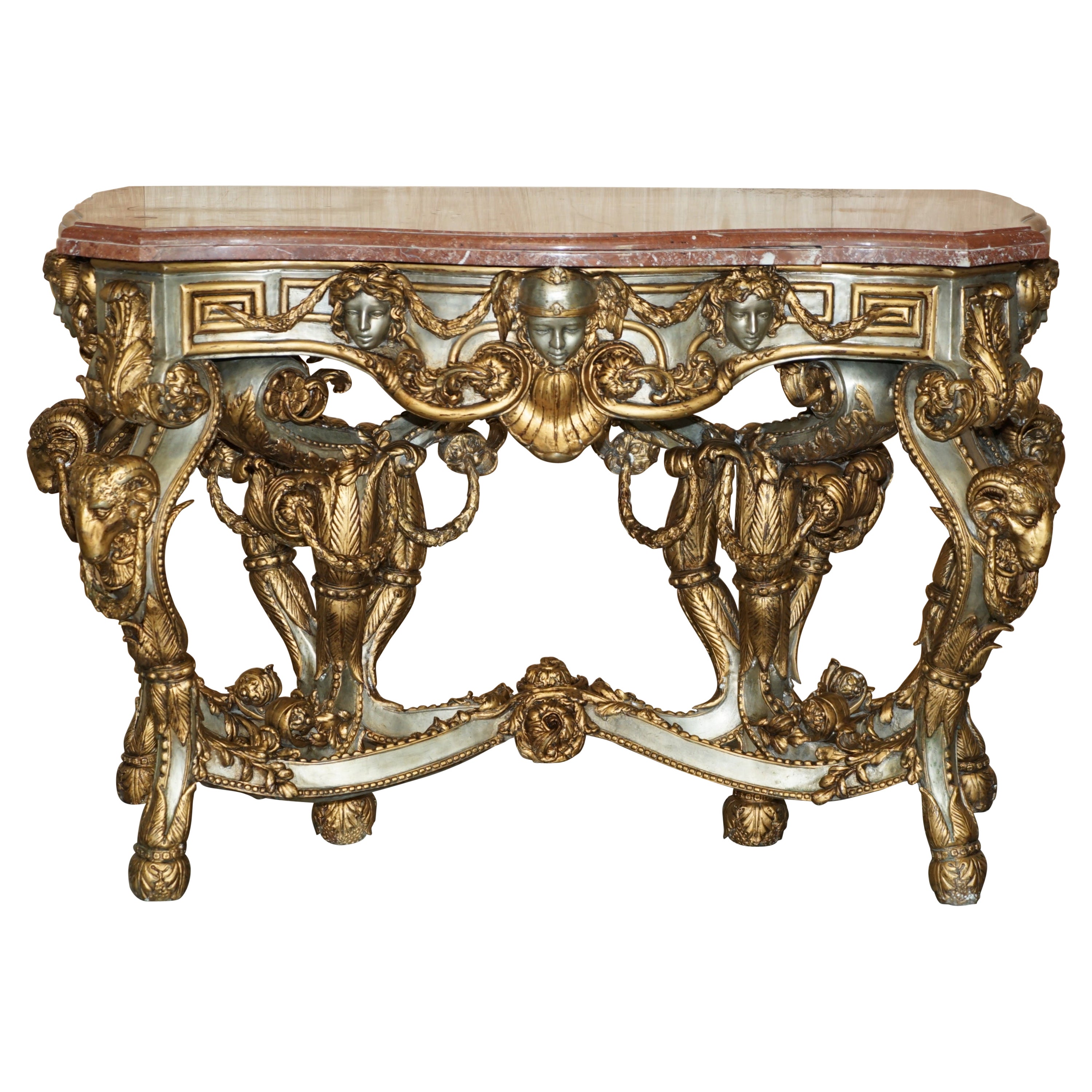 SUPER RARE METAL ANTiQUE BAROQUE RAMS & MAIDEN HEAD MARBLE TOPPED CONSOLE TABLE For Sale
