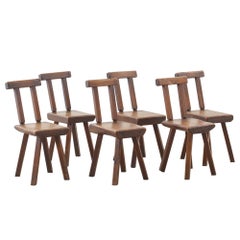 Set of six wooden brutalist chairs for Mobichalet, Belgium, 1960s