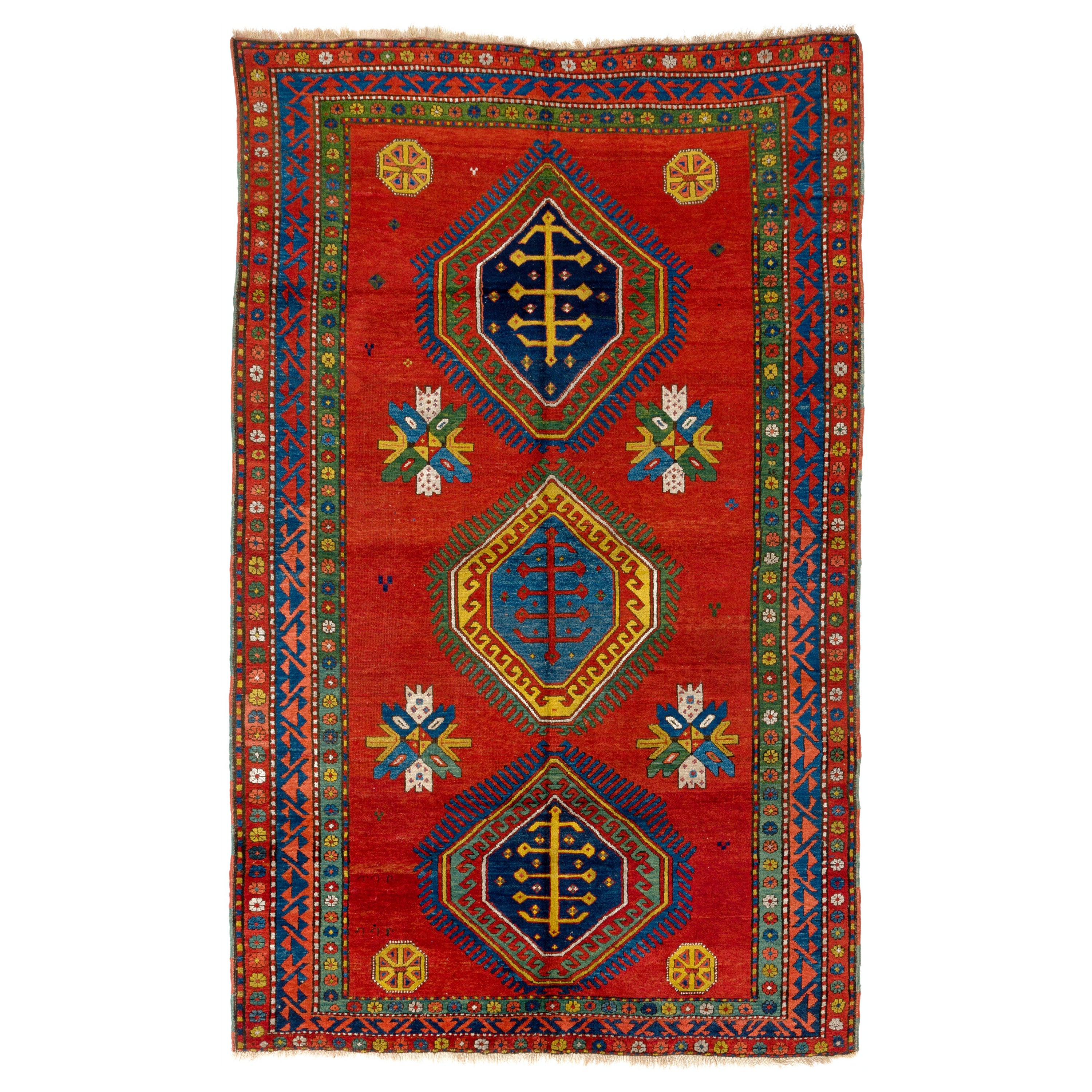 5.6x8.8 Ft Antique Caucasian Armenian Kazak Rug, Ca 1900. Striking Natural Dyes