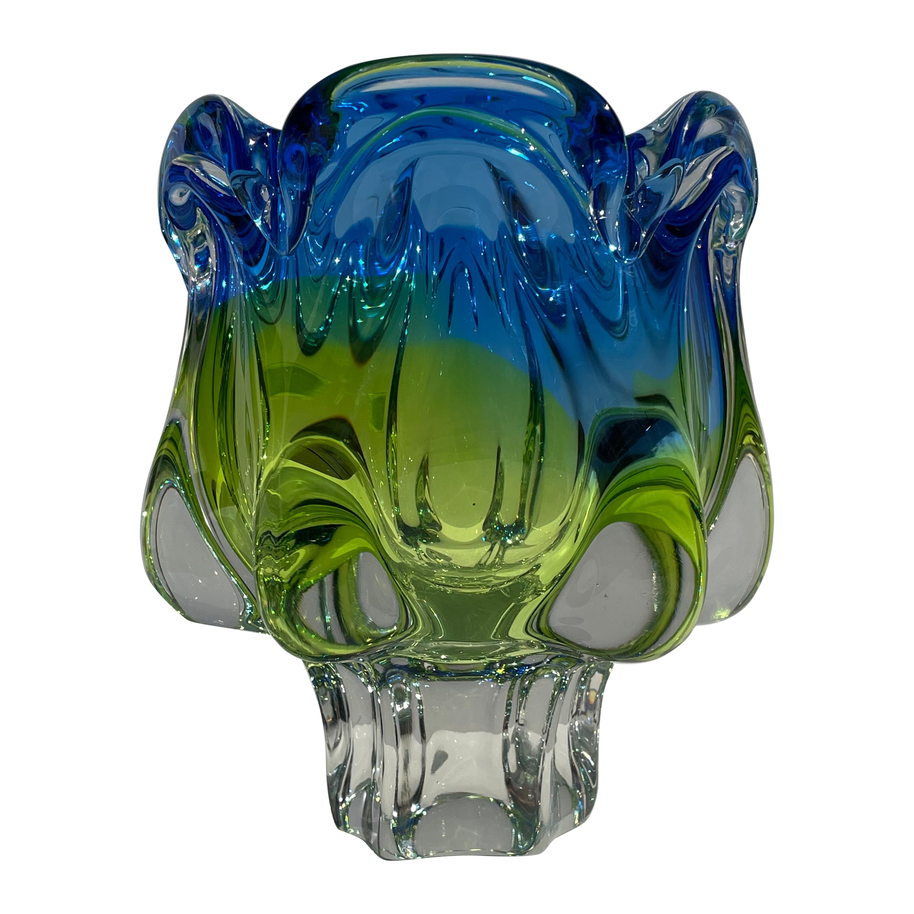 Vase vintage en verre de cristal bleu, vert et jaune de Bohemia Crystal, 1970