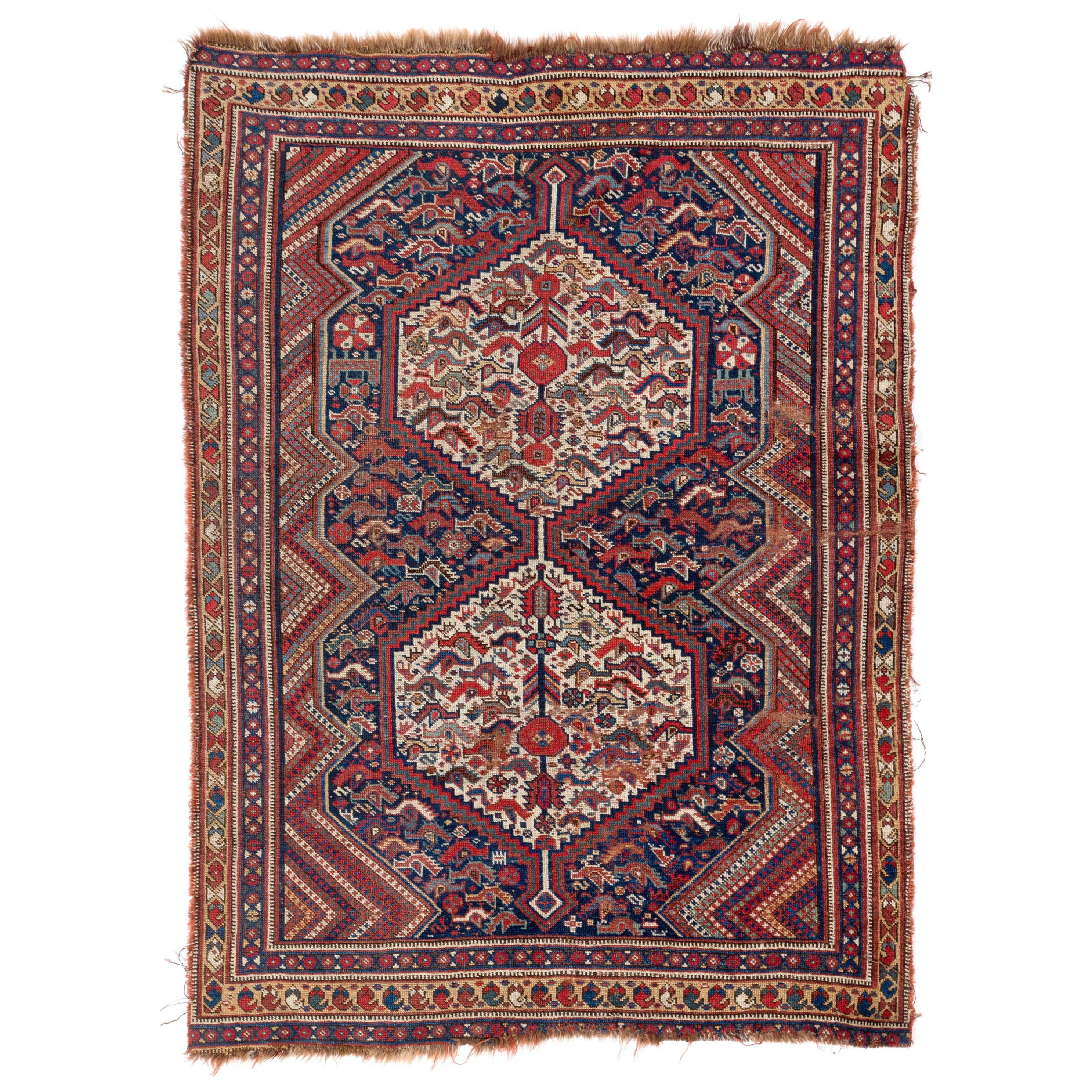 Antiker persischer Shiraz Qashqai-Teppich mit 4.3x5.7 Fuß, ca. 1890, 100 % Wolle im Angebot