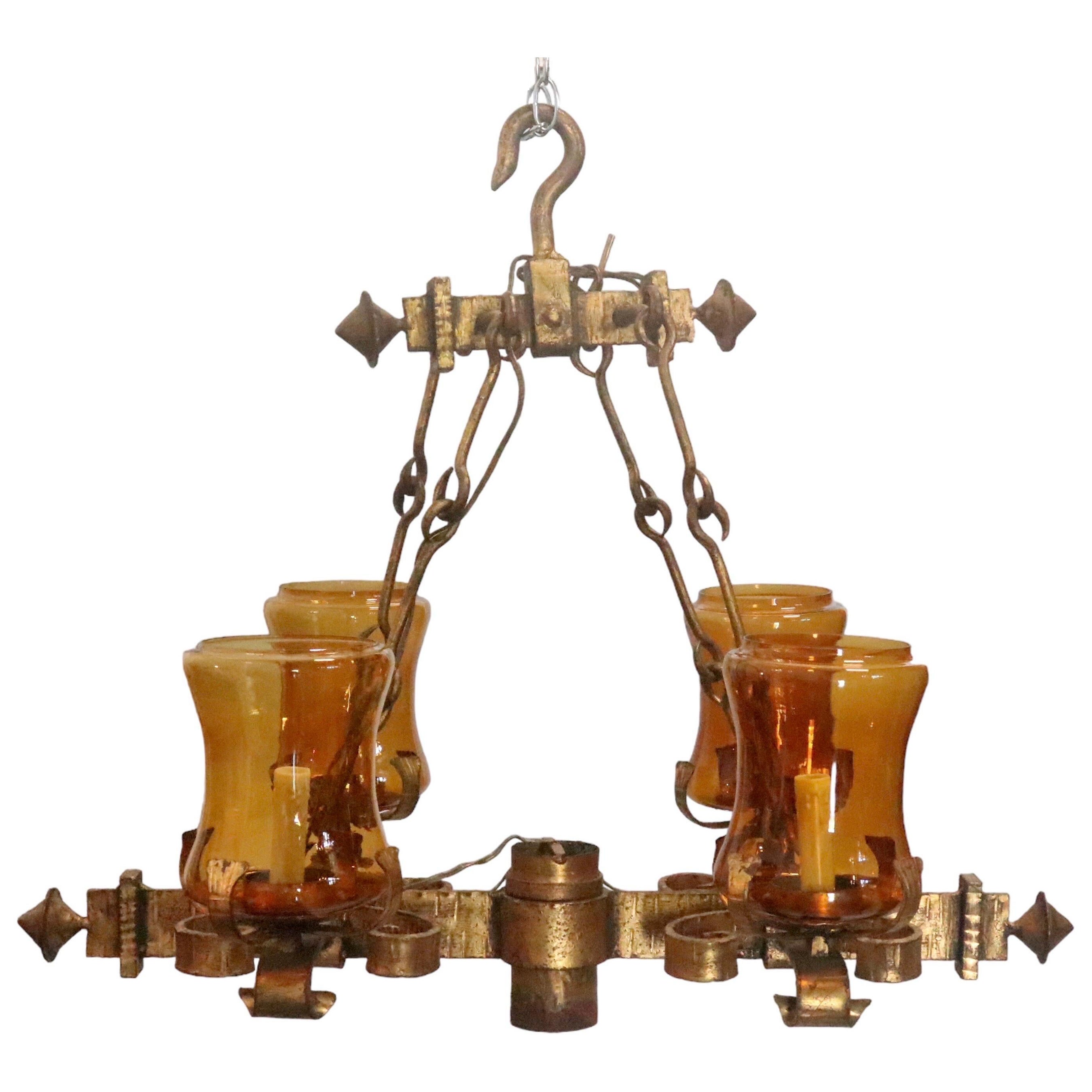 Spanish Revival Elongated Gold Iron 4 Light Chandelier For Sale