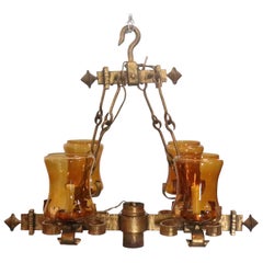Used Spanish Revival Elongated Gold Iron 4 Light Chandelier