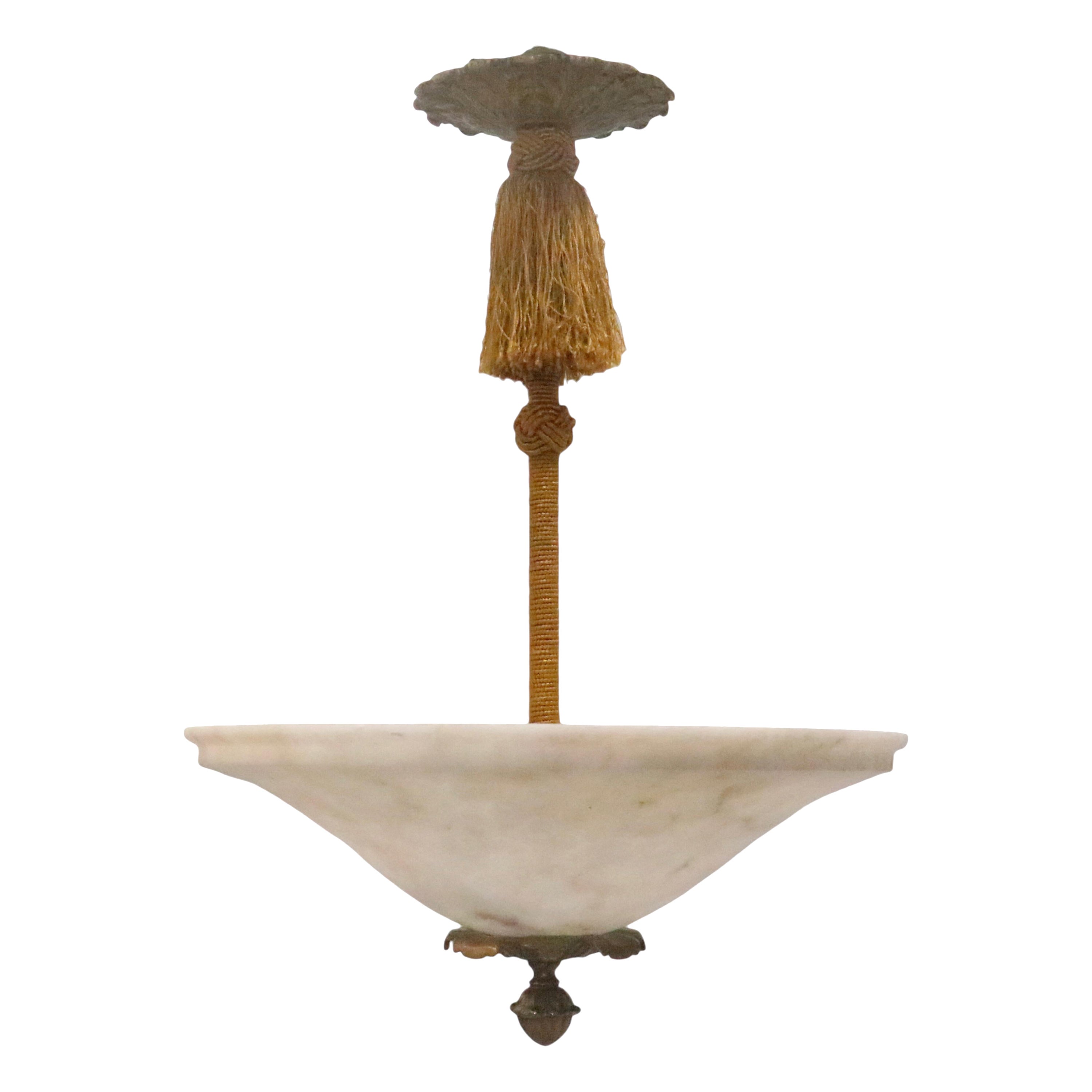 Antique Alabaster Light Fixture with custom Silk Wrapped Stem & Bronze Fittings For Sale