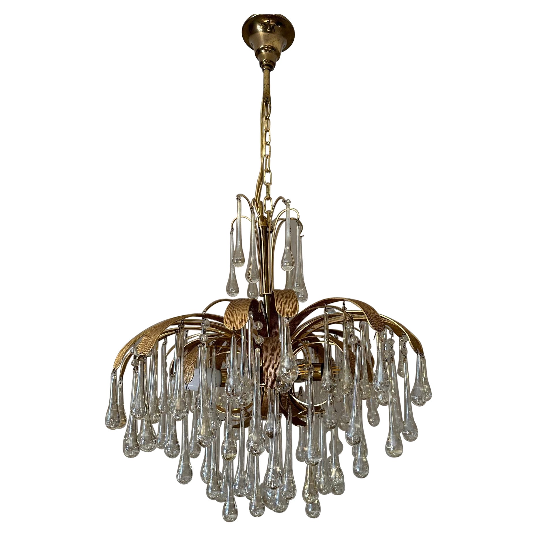 20th century German Palwa Murano Glass and Brass Chandelier, 1970s For Sale