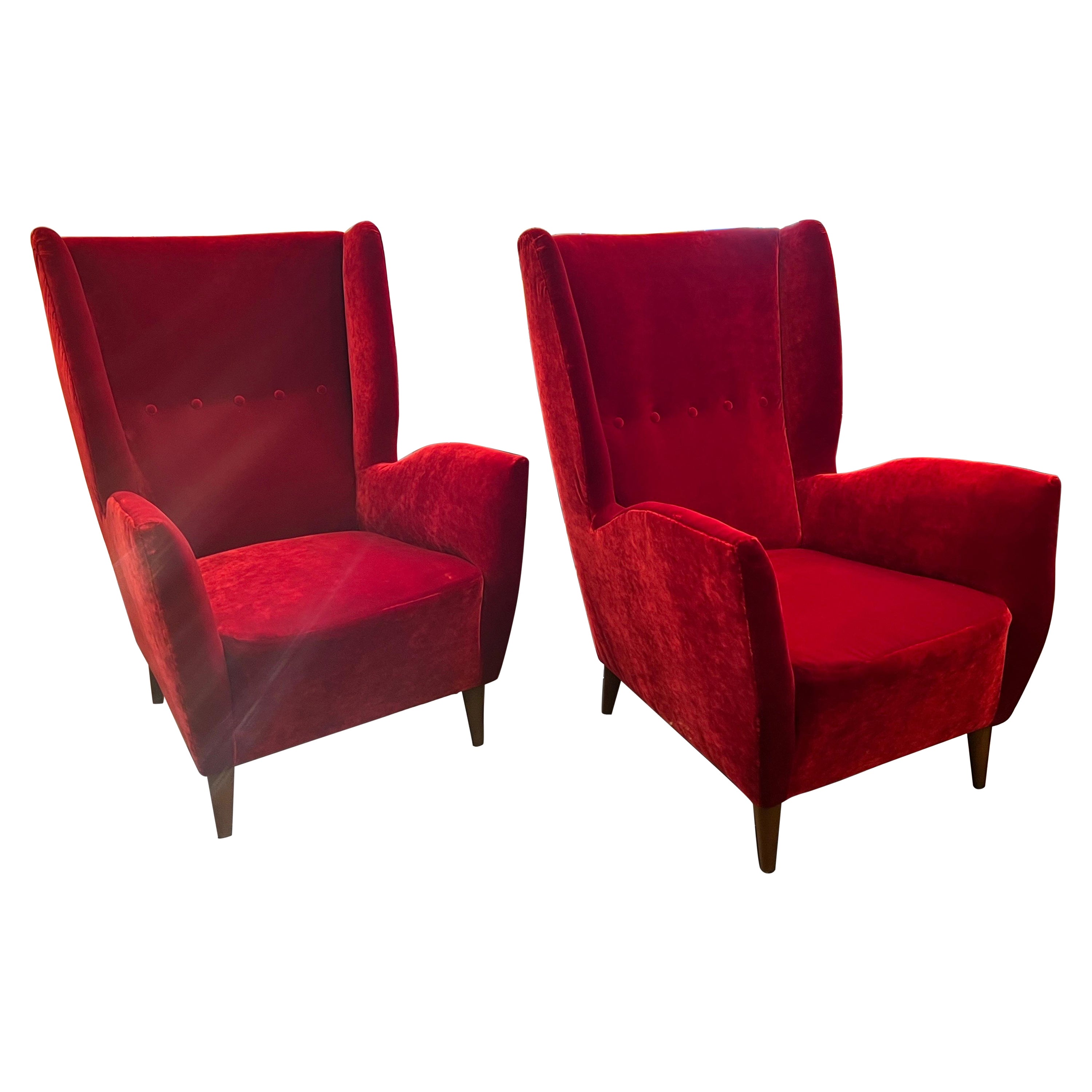 Pair Gio Ponti wingback armchairs in Venetian red velvet  For Sale