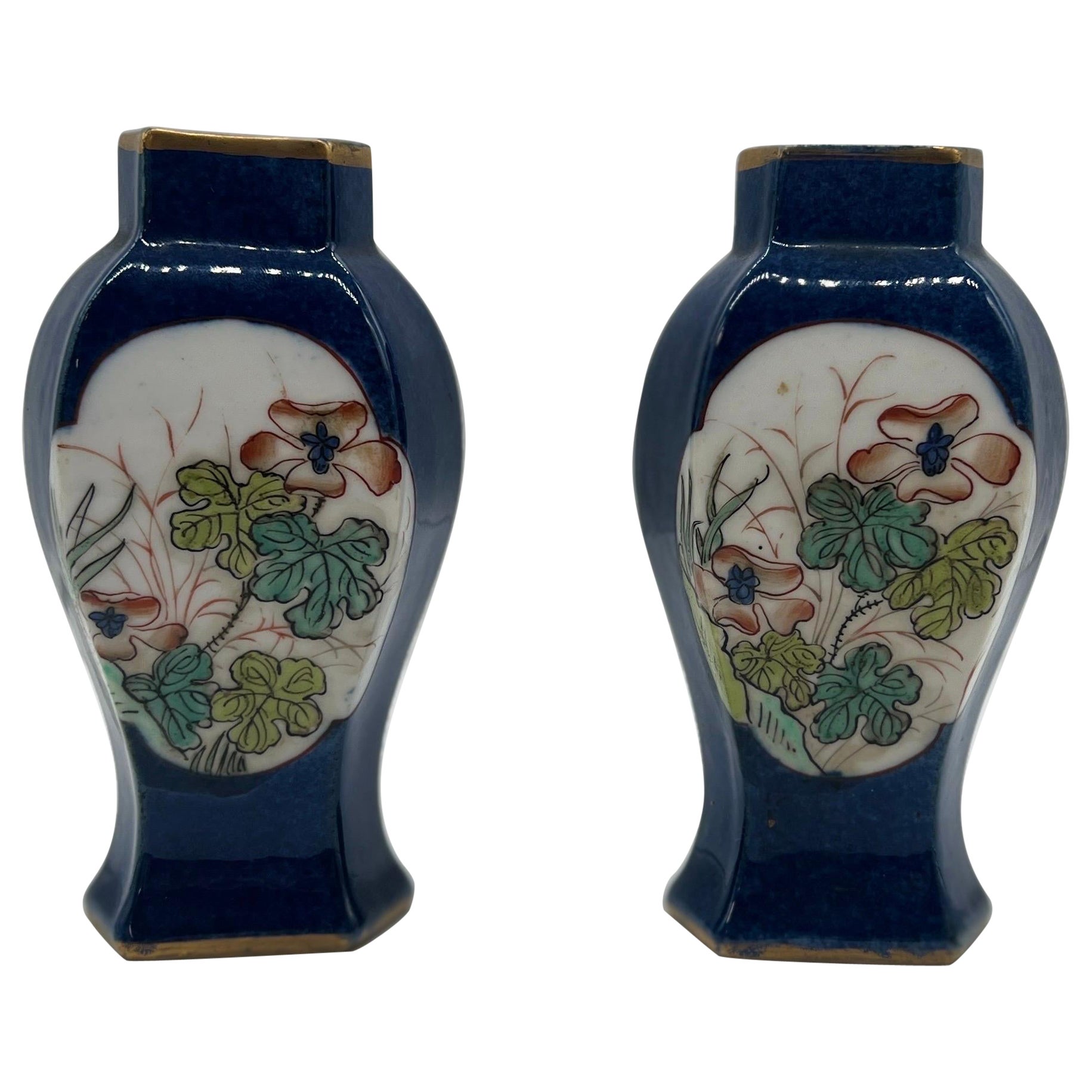 Pair, Miniature Chinese Qing Dynasty Cobalt Ground Porcelain Urns For Sale