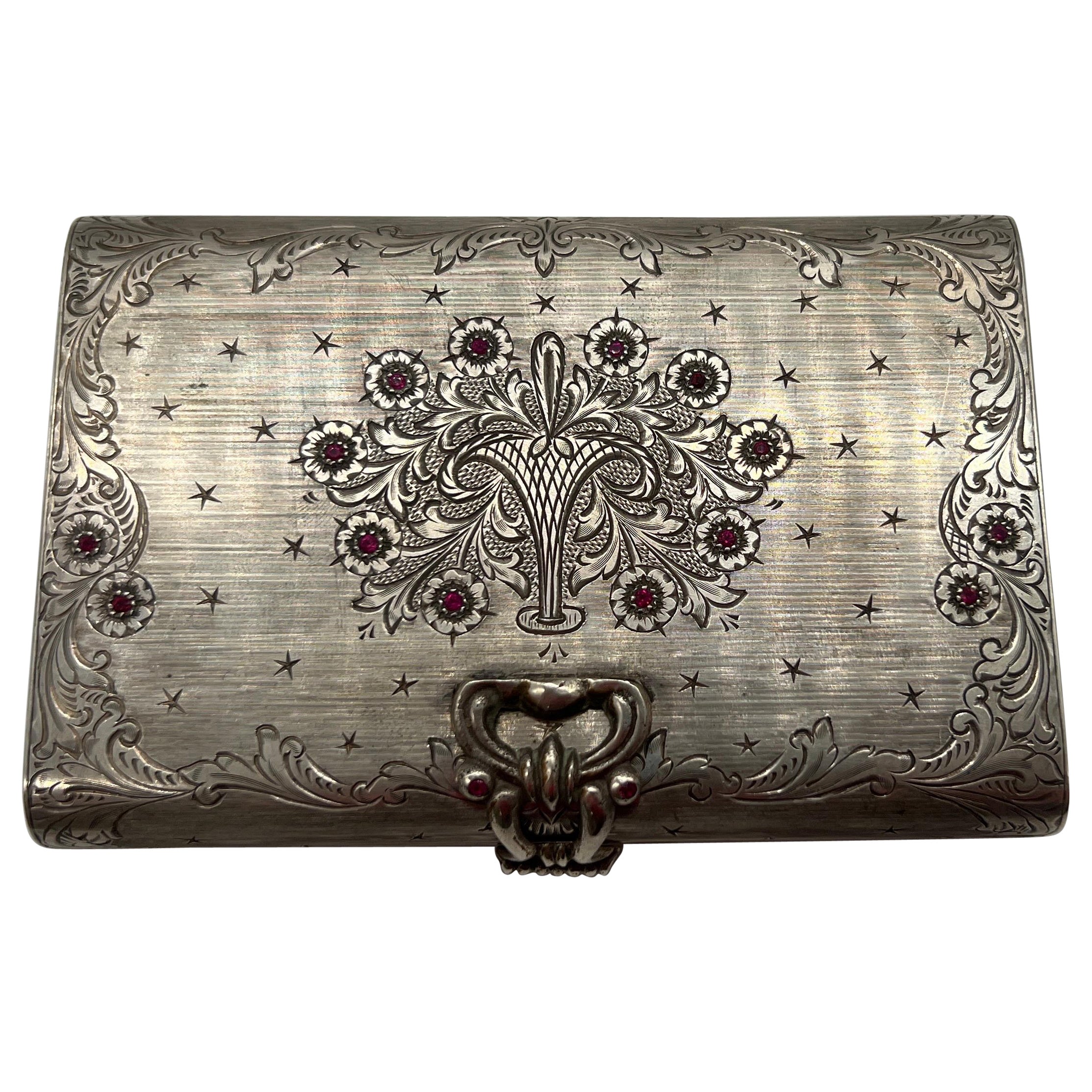 Antique Italian 800 Hand Chased Silver & Ruby Inset Minaudière Vanity Case For Sale