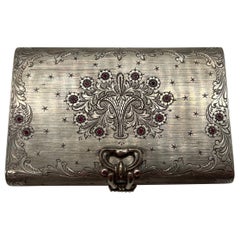 Antique Italian 800 Hand Chased Silver & Ruby Inset Minaudière Vanity Case