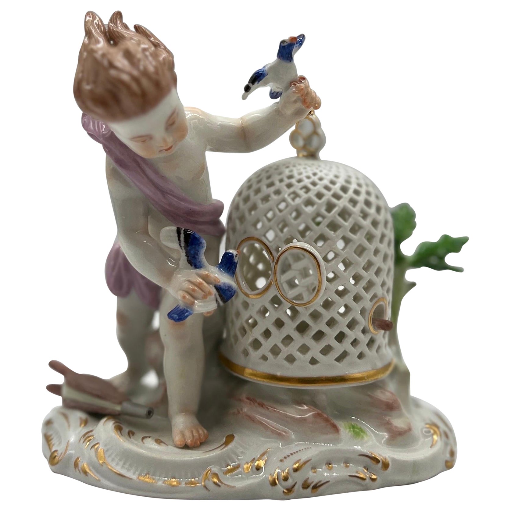 Antique Meissen Porcelain Boy & The Bird Cage Figure Model  For Sale