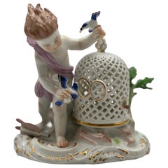 Antique Meissen Porcelain Boy & The Bird Cage Figure Model 