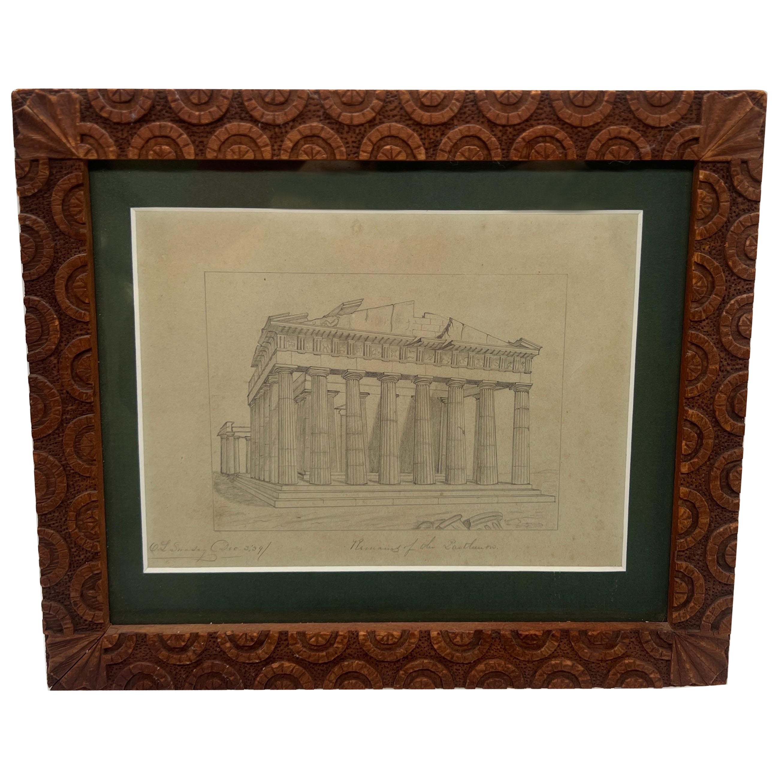 Grand Tour Pencil Drawing "Remains of the Parthenon" Fine Carved Frame For Sale