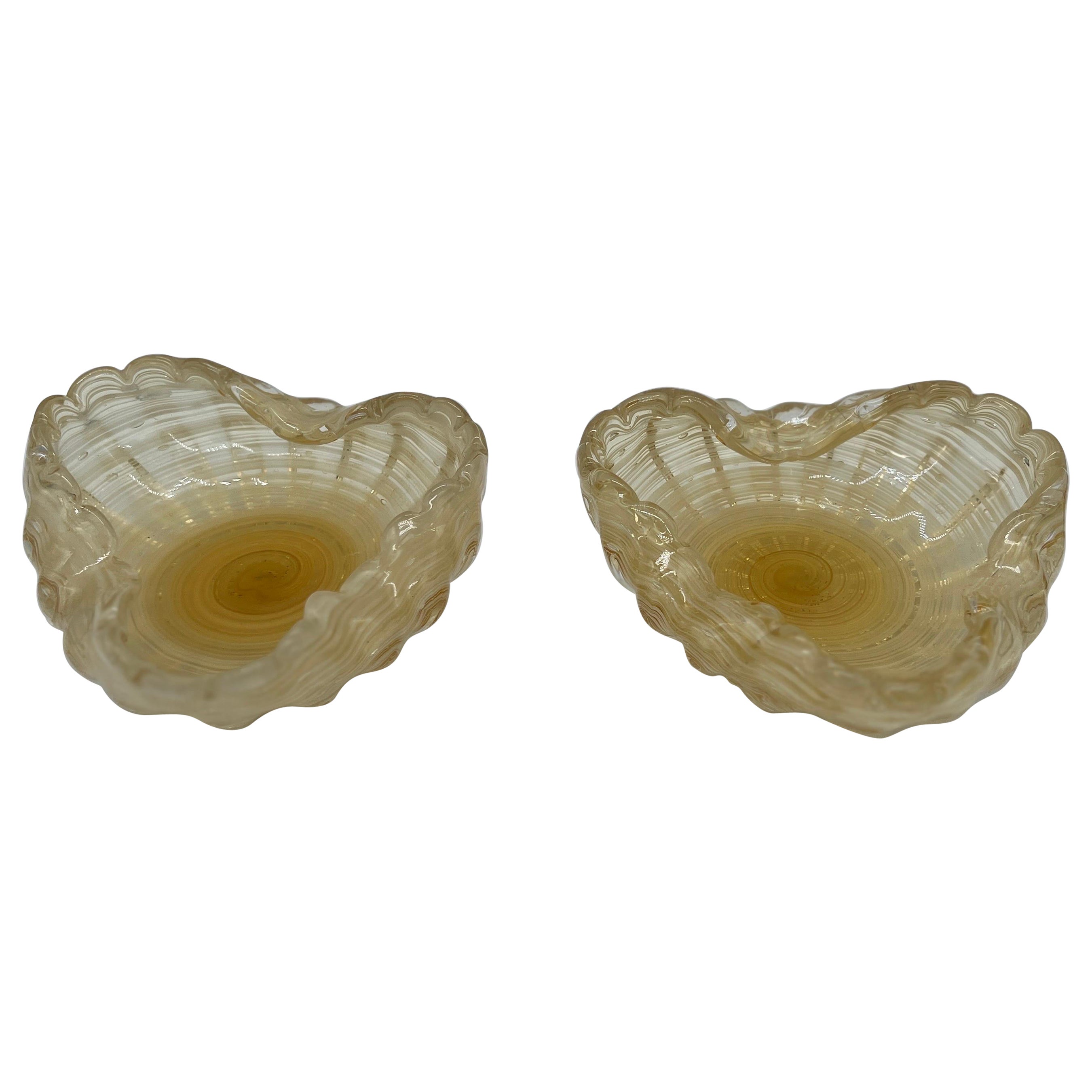 Pair, Mid Century Murano Hand Blown Gold Speckled Catch-All Bowls For Sale