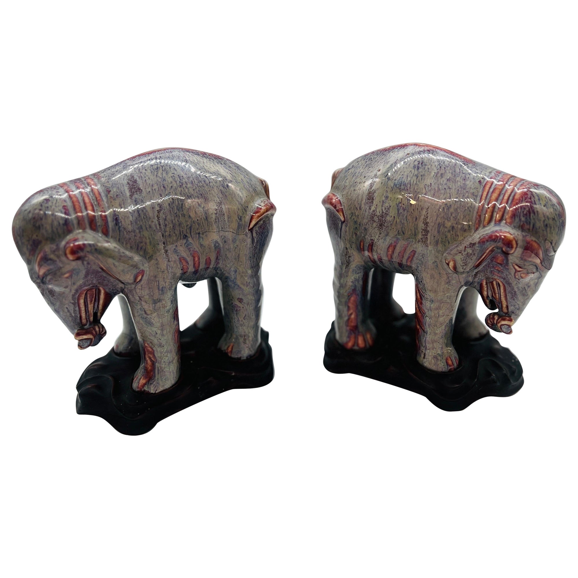 Magnificent Antique Chinese Porcelain Porcelain Flambe Glazed Elephants - Pair For Sale