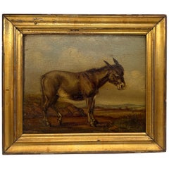 Early Continental School Oil On Board Painting of A Donkey - 19th Century
