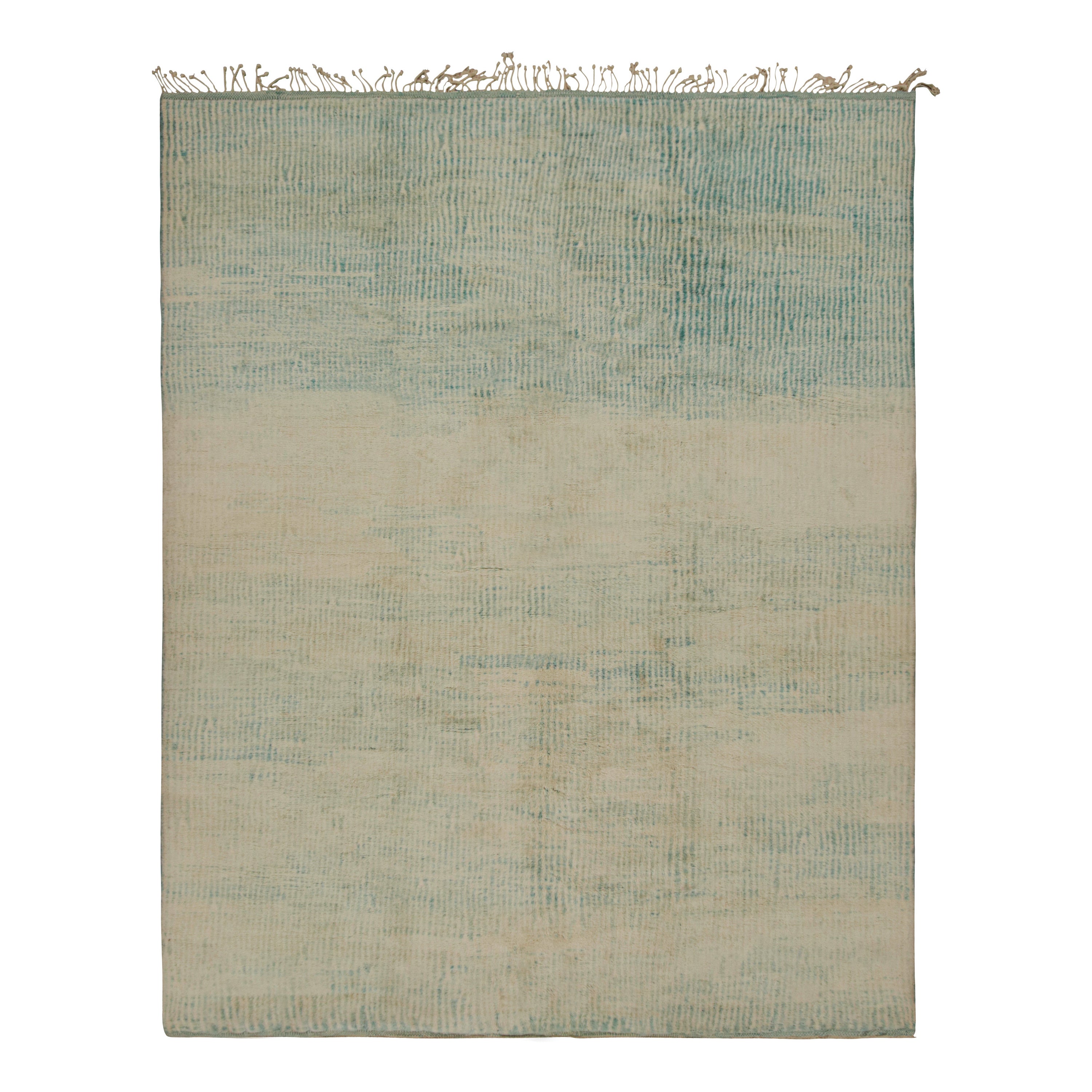 Rug & Kilim’s Moroccan Rug with Beige and Light Blue Stripes in Lush Pile For Sale