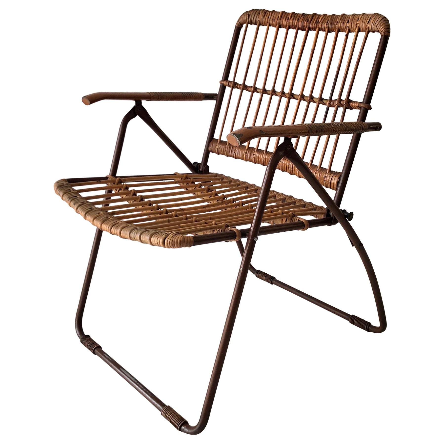 Mid-century Modern Italian Bamboo and Brown Metal Folding Armchair, 1960s, Italy For Sale