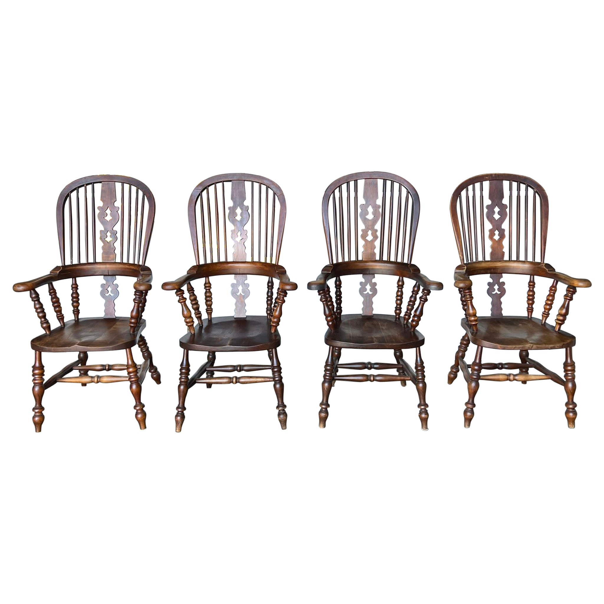 Harlequin Set 4 Antique Country Broad Arm Chairs For Sale
