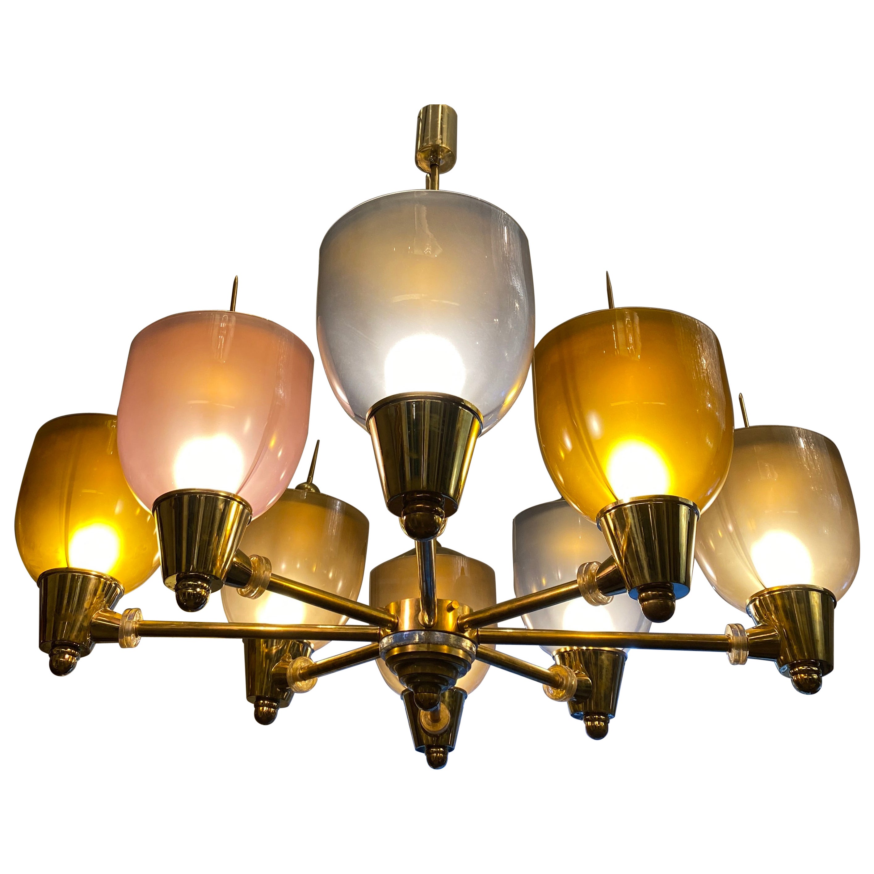 Huge Multicolor Murano Glass and Brass Chandelier 1970 ' For Sale