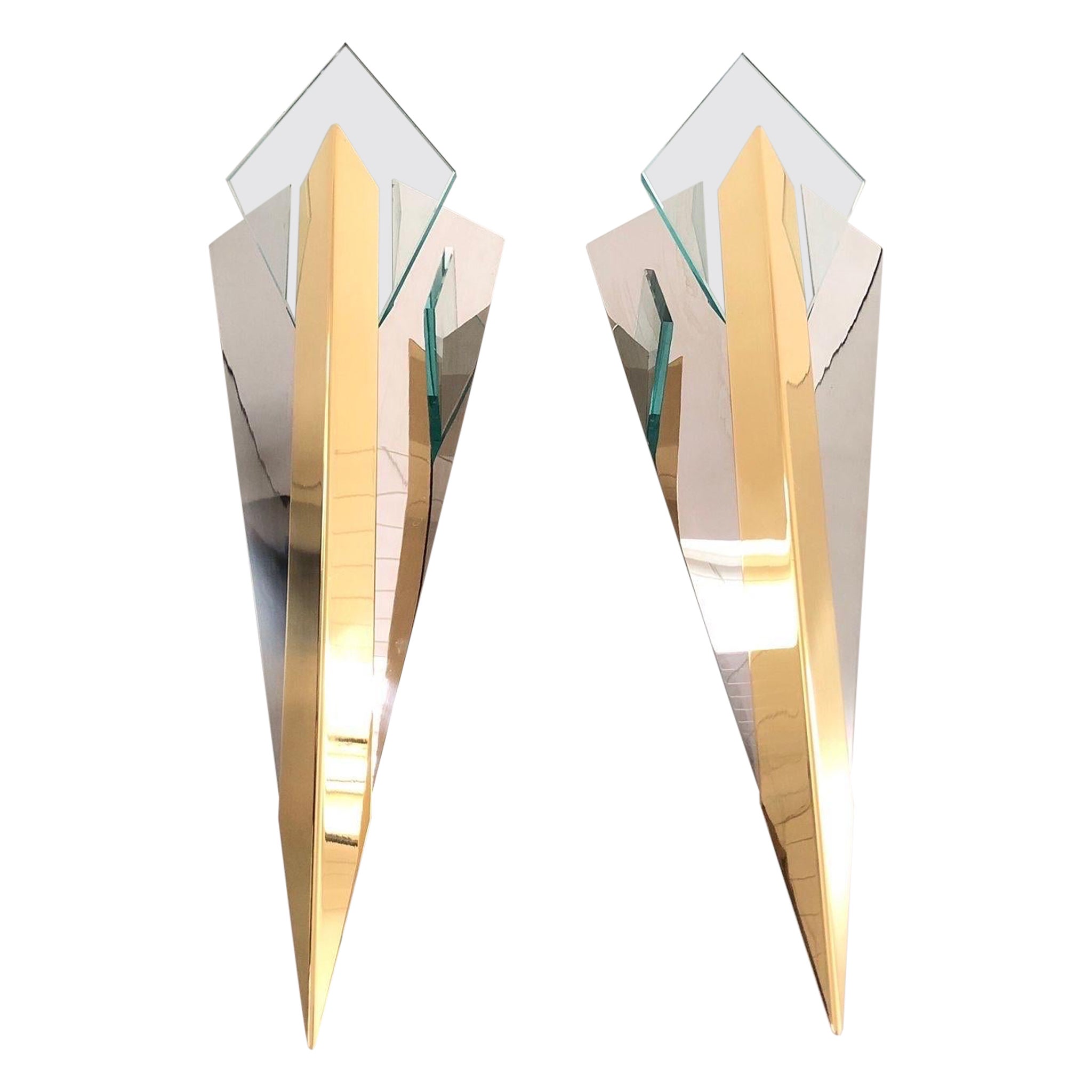 Chrome Gold Triangle Design Pair of Sconces by J.T. Kalmar, 1970s, Germany For Sale