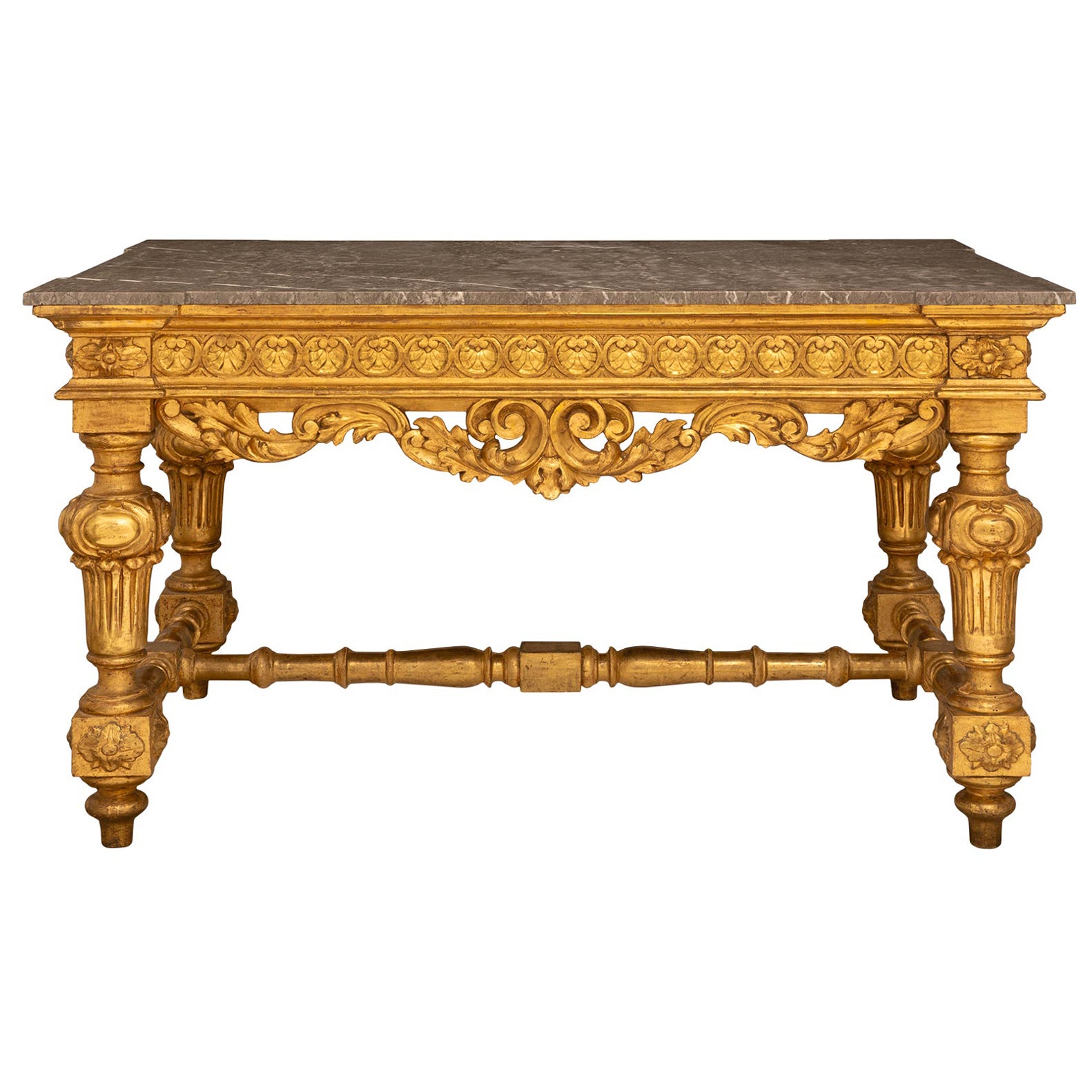 Table de centre en bois doré et marbre gris italien du début du 19e siècle de style Louis XIV