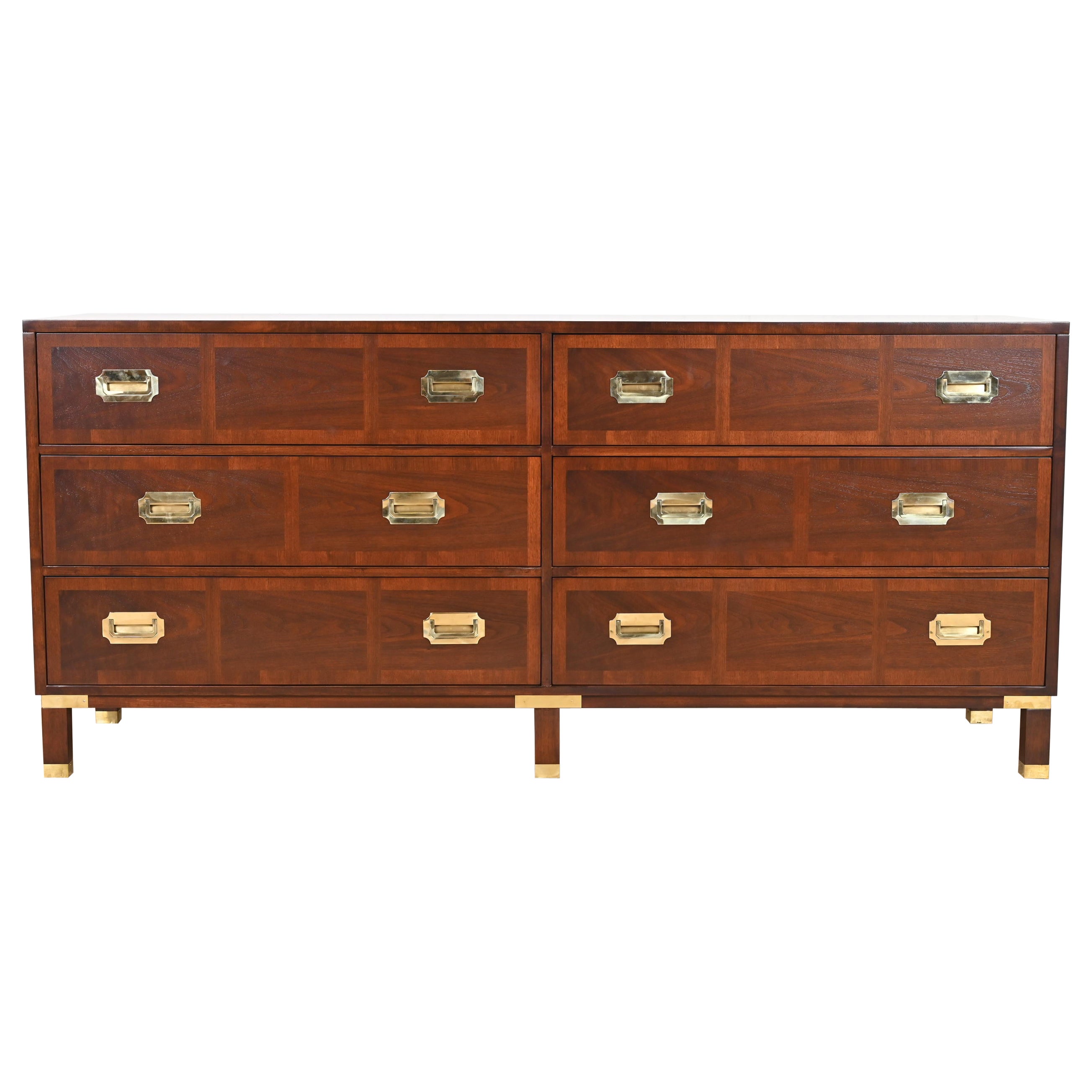 Baker Furniture Mid-Century Campaign Banded Walnut Dresser, Newly Refinished
