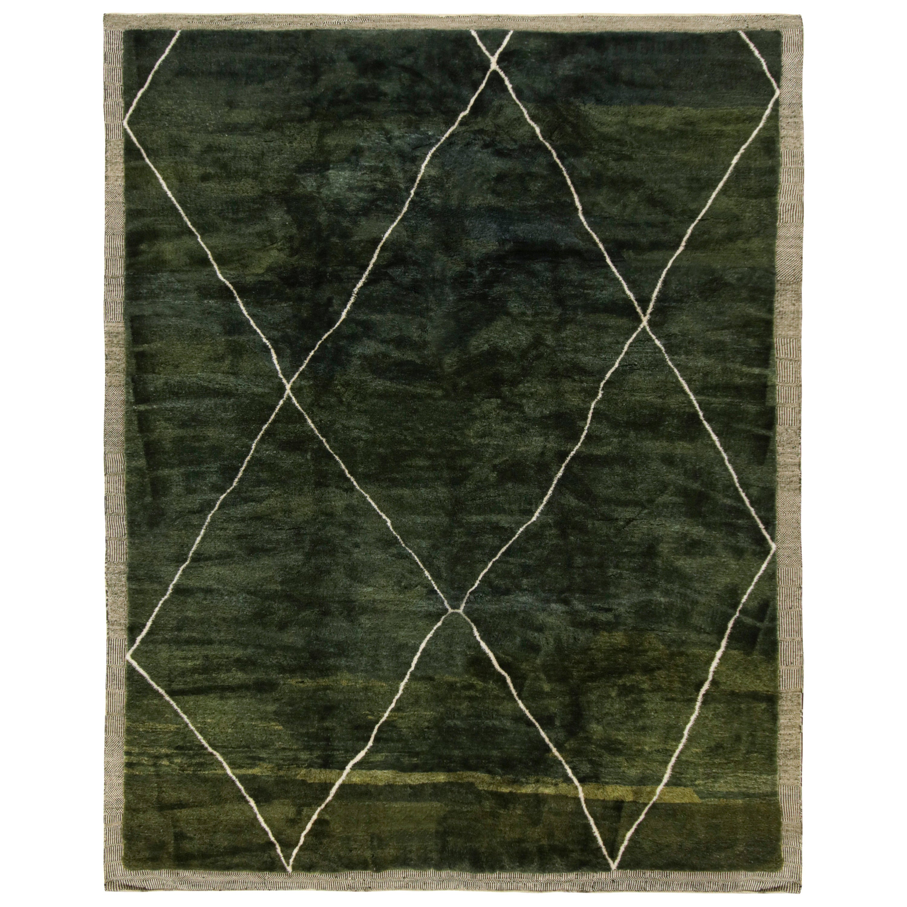 Rug & Kilim’s Custom Moroccan Rug Design in Green with White Lozenge Patterns For Sale