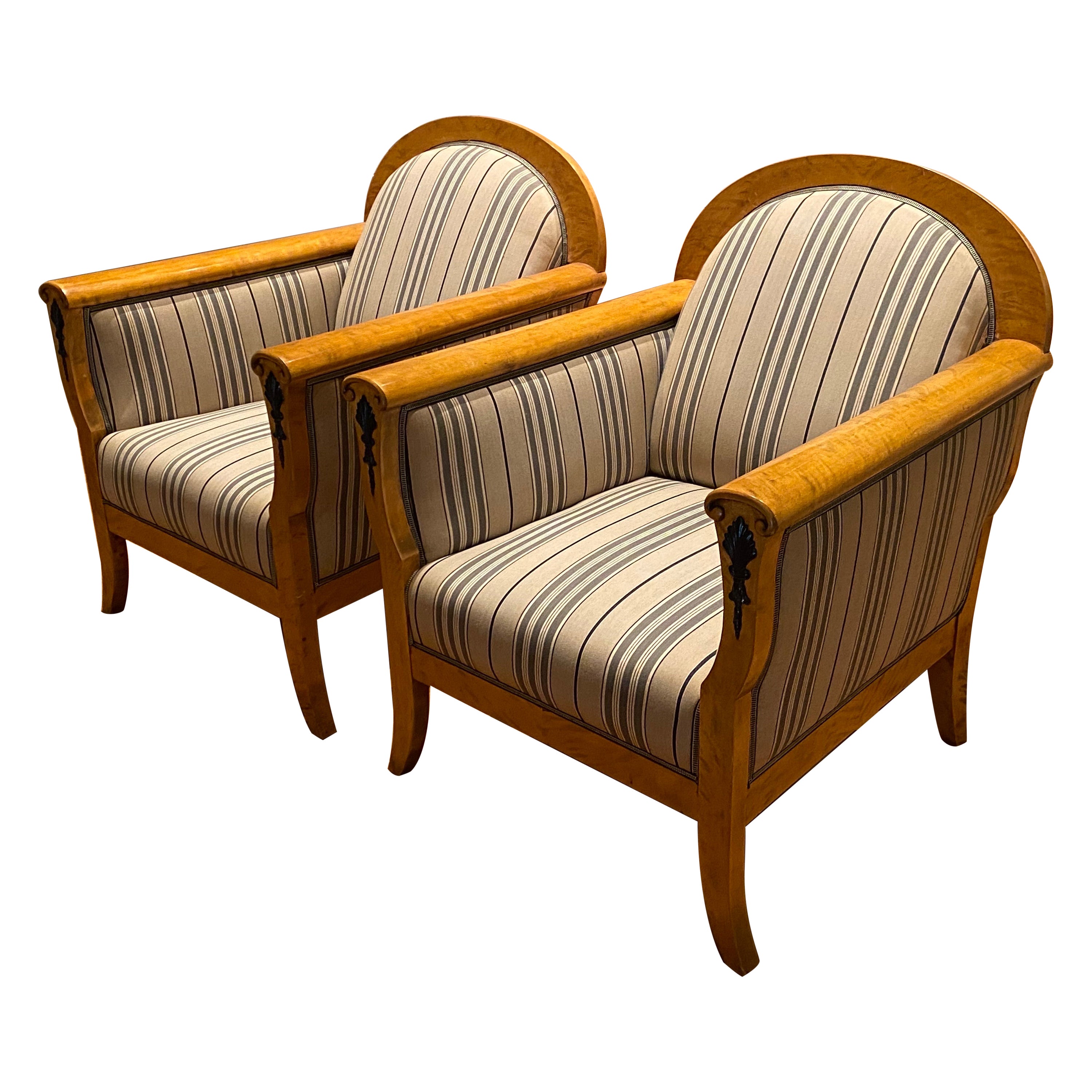 Pair of Northern Europe Biedermeier Birch Armchairs, Early 1900s For Sale