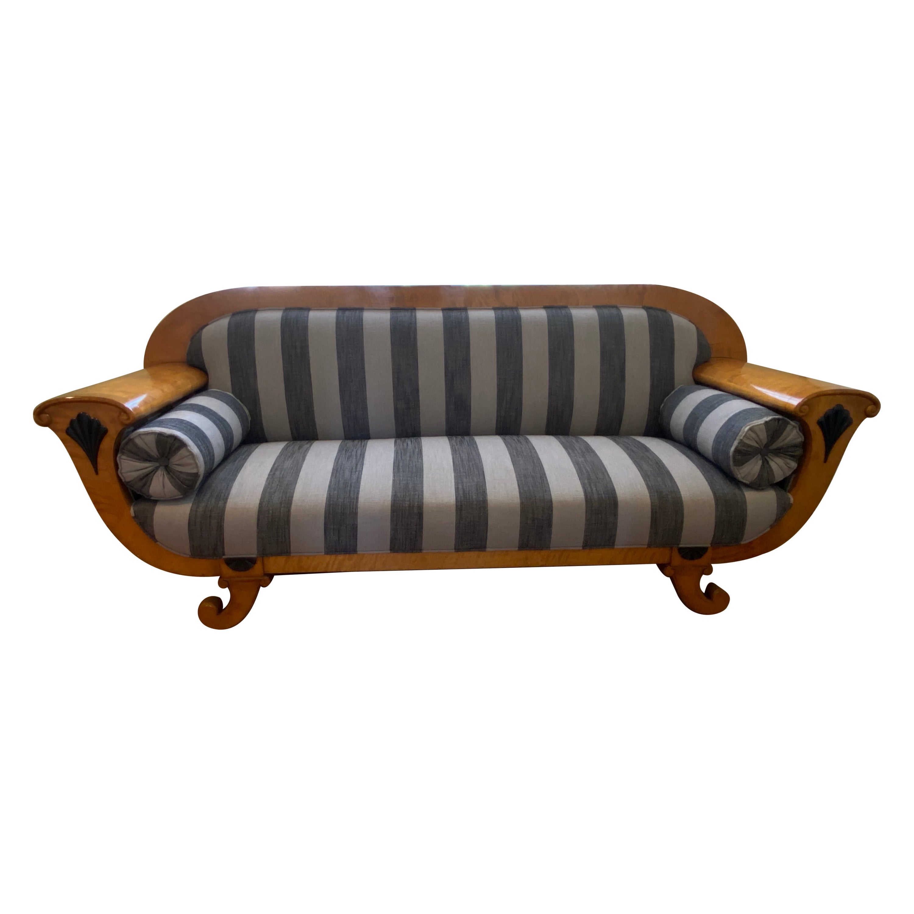 Northern Europe Biedermeier Birch Sofa with Ebonzied Wood details, Early 1900s For Sale