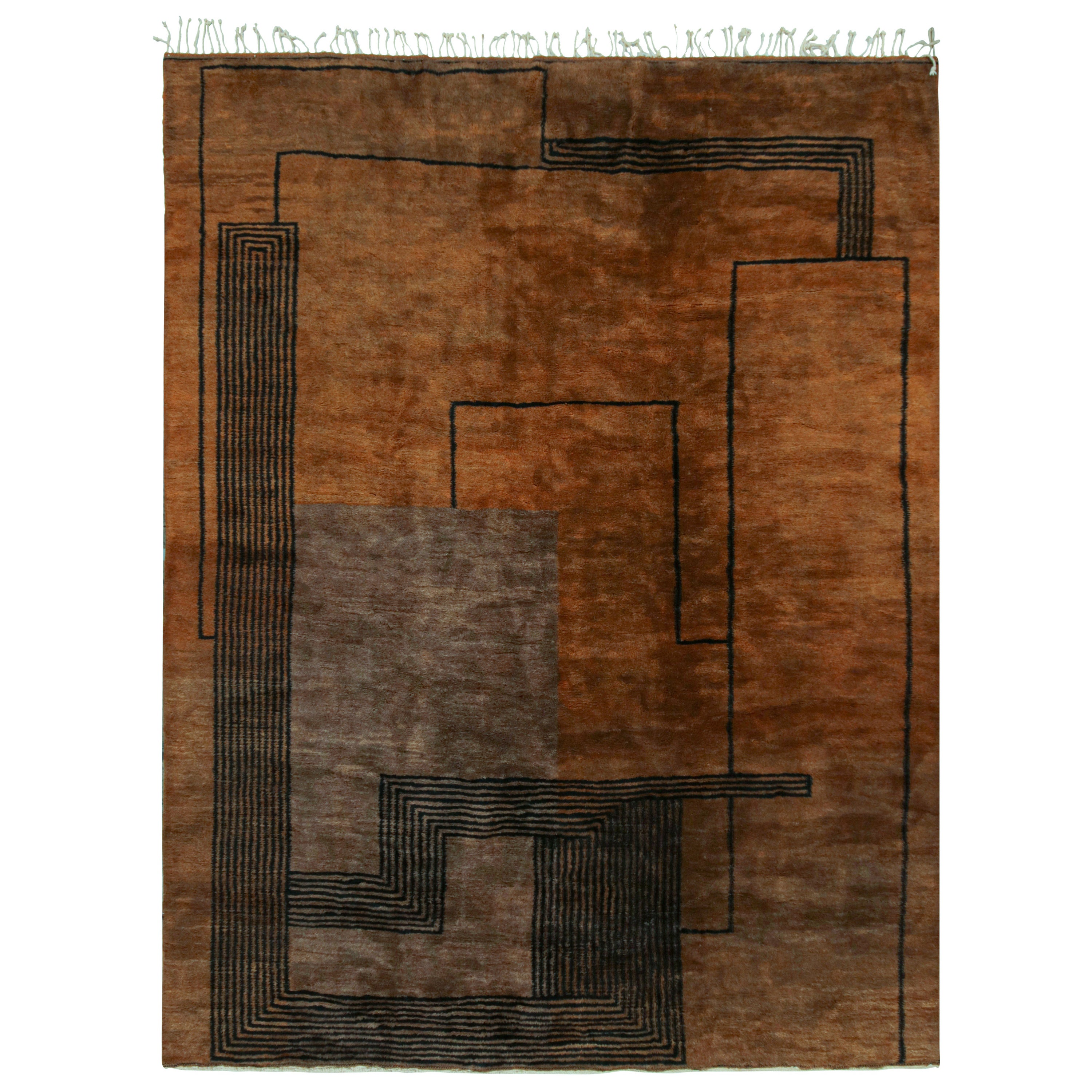 Rug & Kilim’s Moroccan Rug in Brown with Black Art Deco style Geometric Pattern For Sale