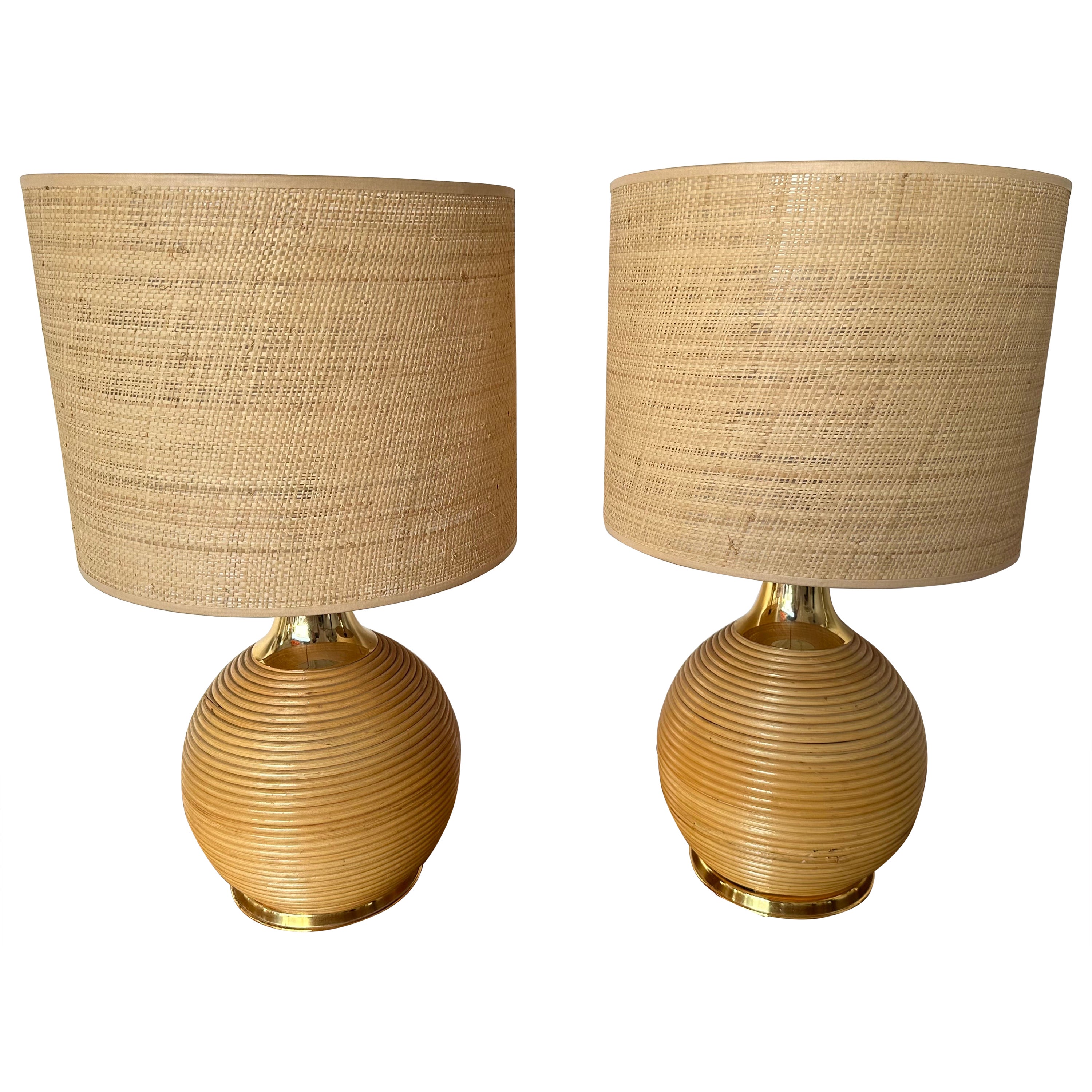 Pair of Rattan and Brass Lamps. Italy, 1970s