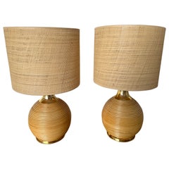 Retro Pair of Rattan and Brass Lamps. Italy, 1970s