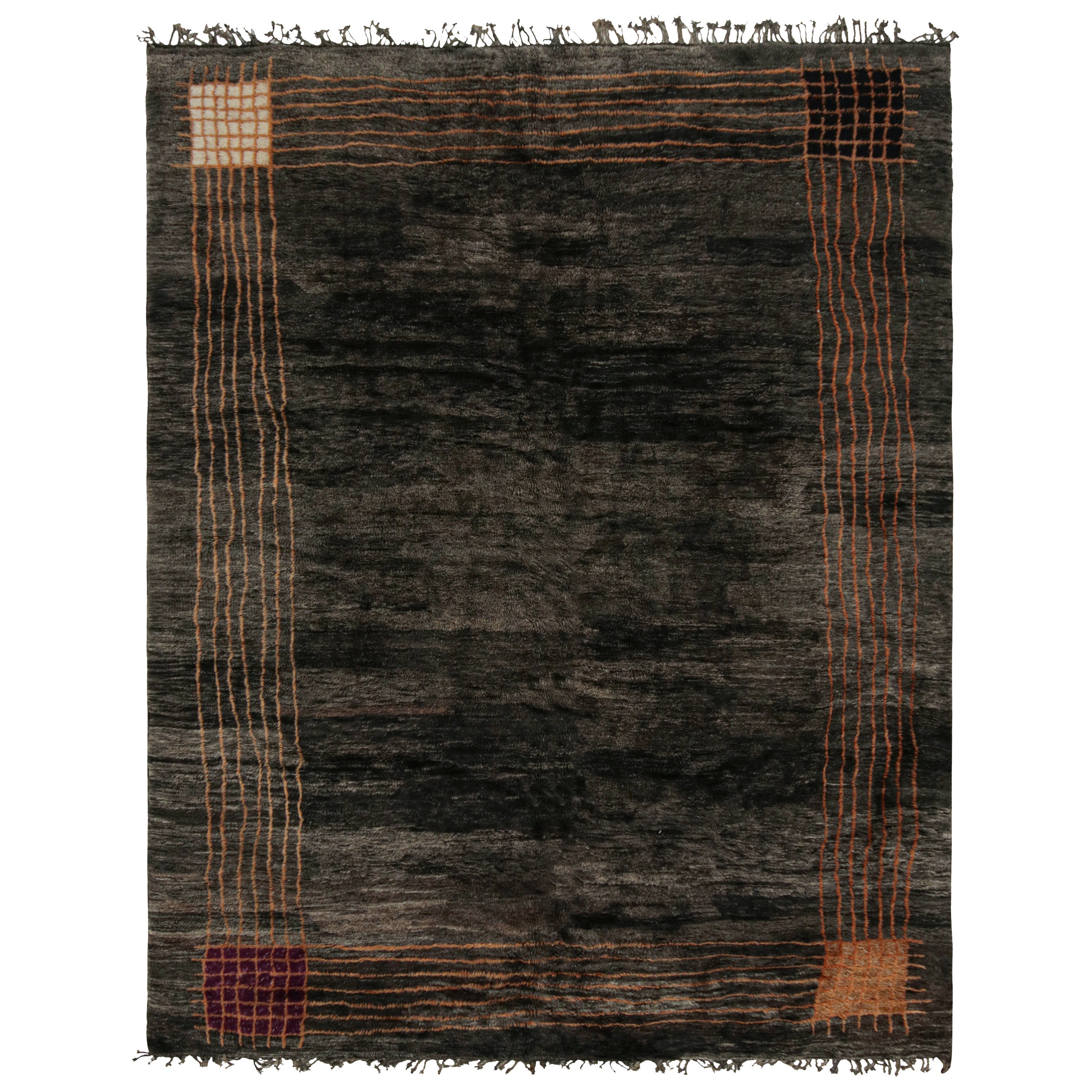 Rug & Kilim’s Moroccan Rug in Black with Orange Art Deco Style For Sale