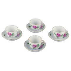 Antique Meissen, "Pink Rose" set of four coffee cups with saucers, 1930s/40s