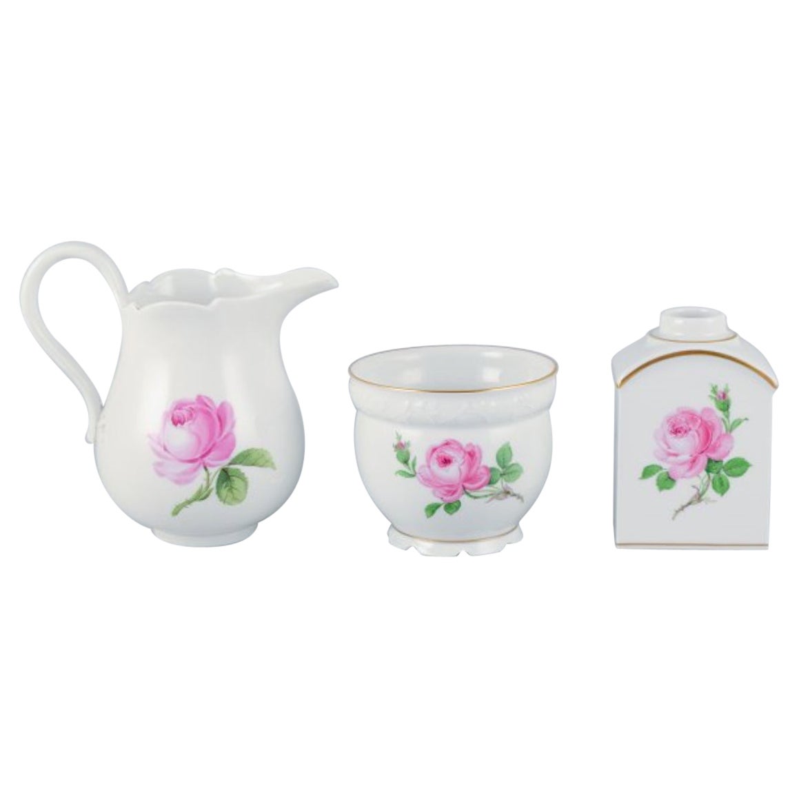 Meissen, three pieces of "Pink Rose" a plant pot, milk jug, and a tea caddy.