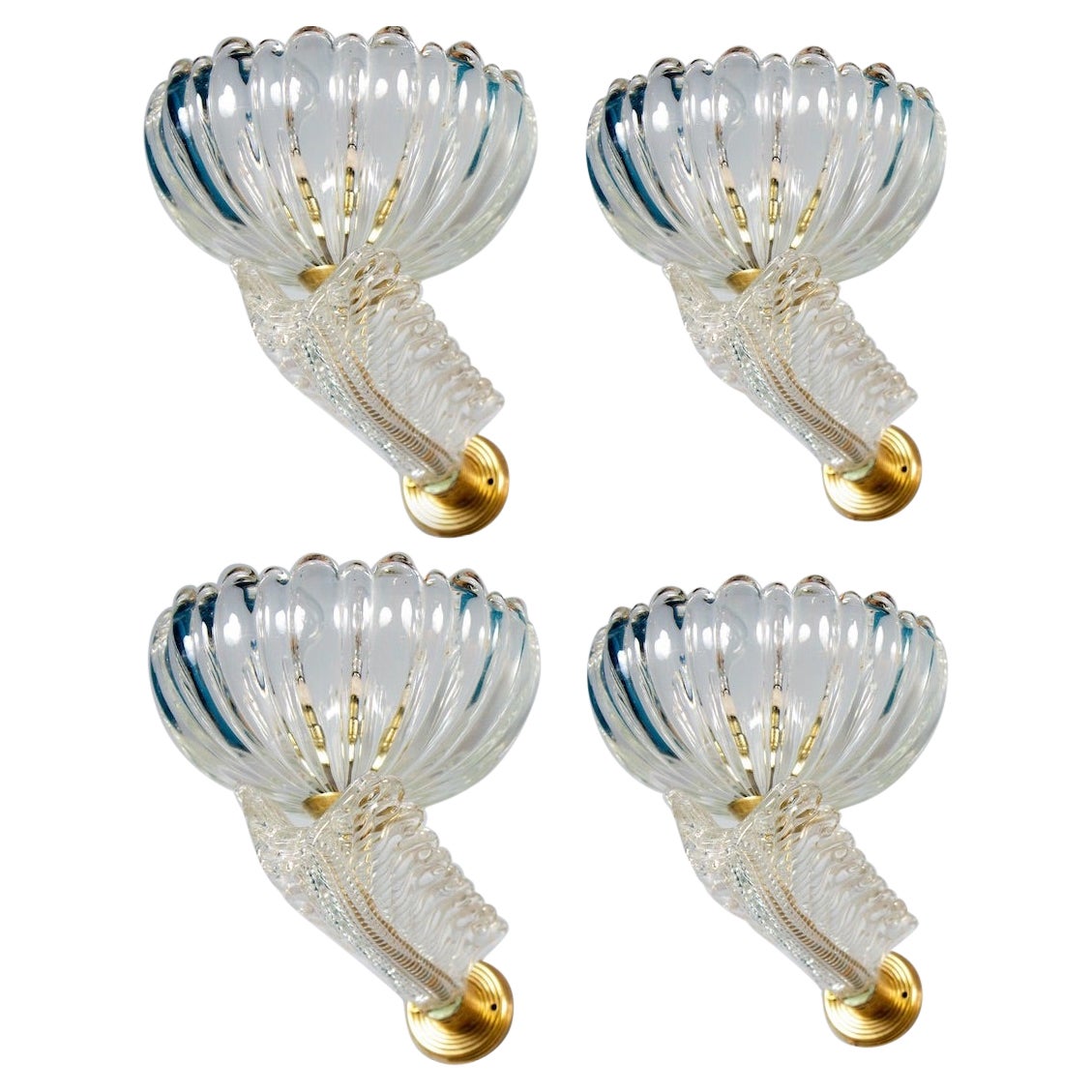 Set of Four Art Deco Brass Mounted Murano Glass Sconces 1940' by Barovier For Sale