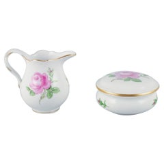 Vintage Meissen, "Pink Rose" porcelain sugar bowl and creamer, 1930s/40s