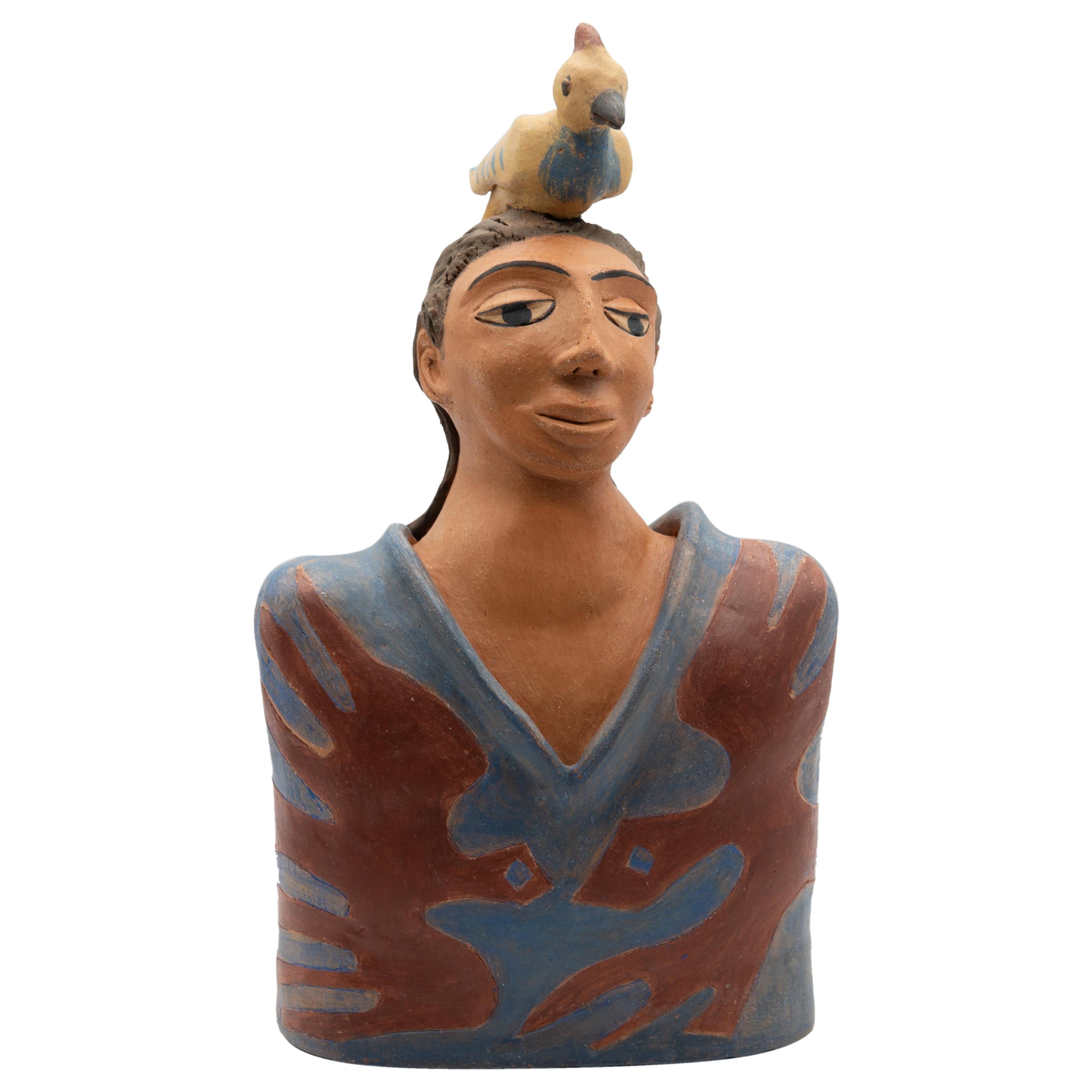 Mexican Clay Sculpture Man with Bird on Head Ceramic Man Trunk Folk Art