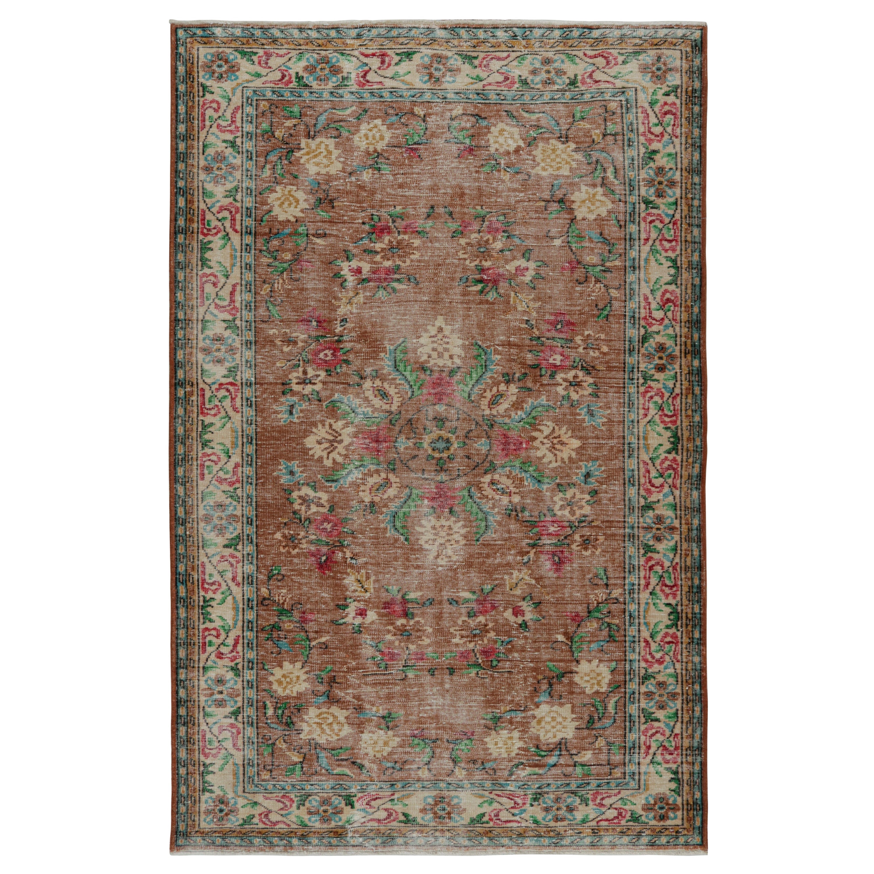 Vintage Zeki Muren rug in Brown, with All-Over Floral patterns from Rug & Kilim For Sale