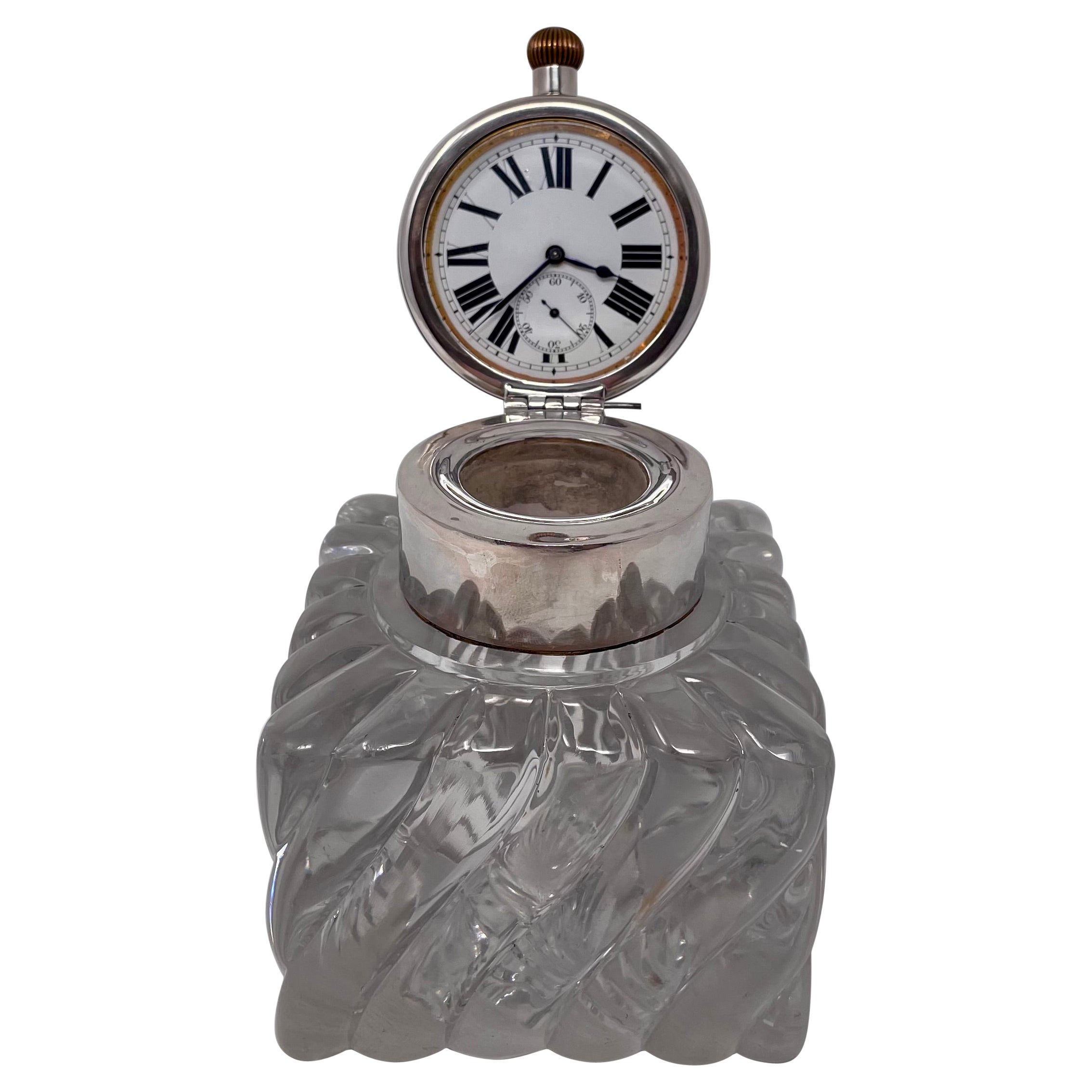 Encrier anglais ancien d'horloge en argent sterling et cristal poinçonné, vers 1900